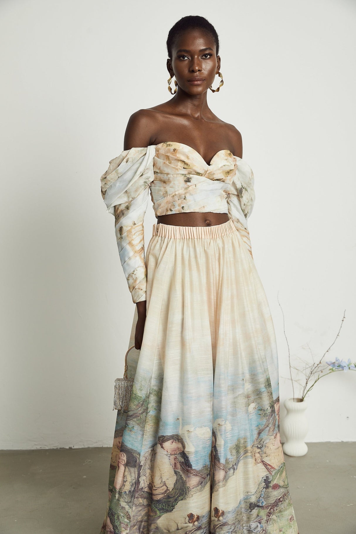 Sara Multicolor Neutrals Skirt & Top Set with Off - Shoulder Bustier Style