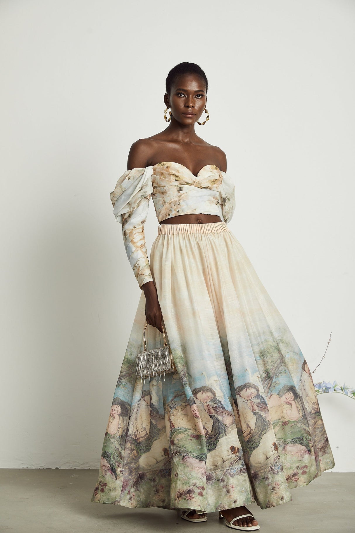 Sara Multicolor Neutrals Skirt & Top Set with Off - Shoulder Bustier Style