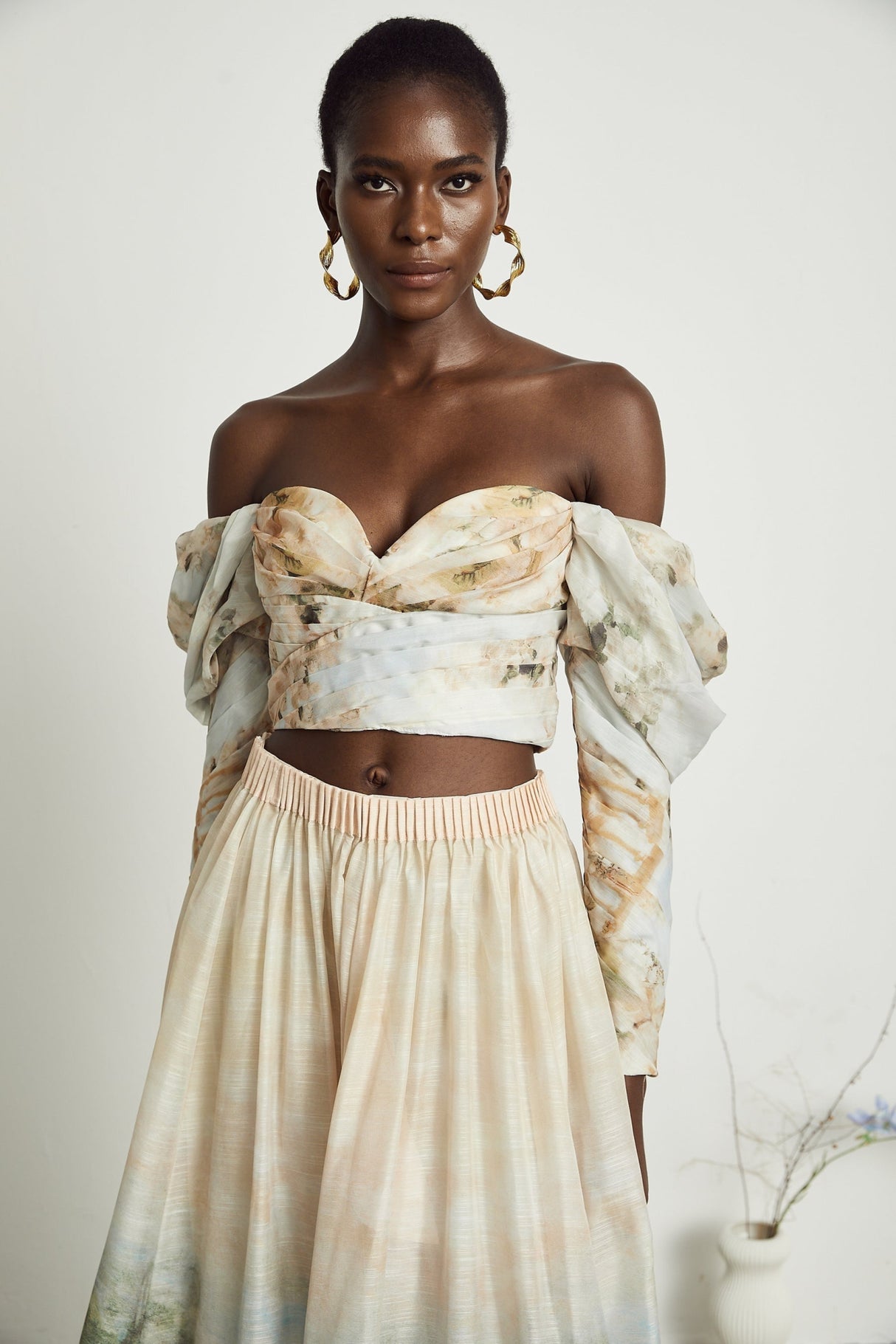 Sara Multicolor Neutrals Skirt & Top Set with Off - Shoulder Bustier Style