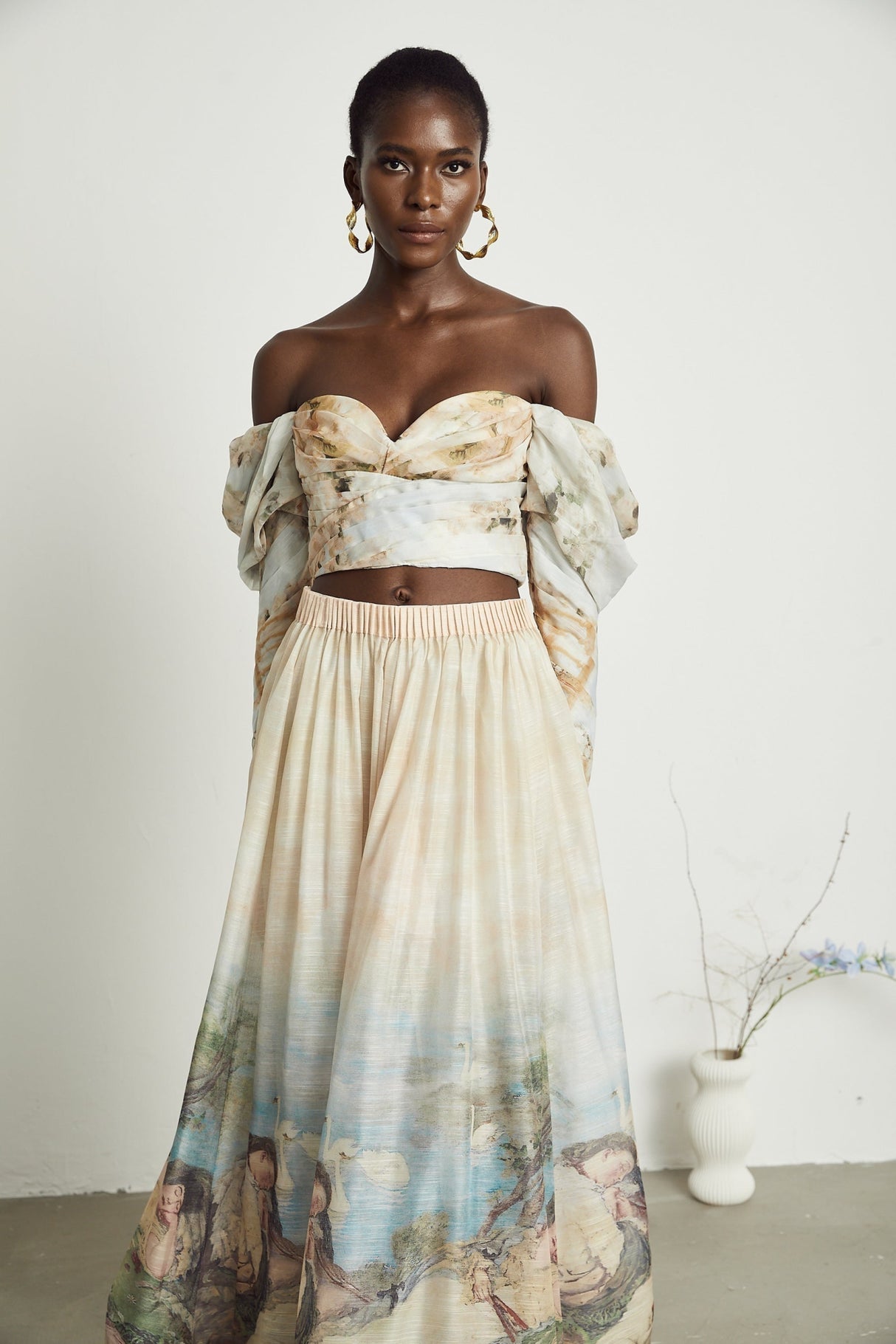 Sara Multicolor Neutrals Skirt & Top Set with Off - Shoulder Bustier Style