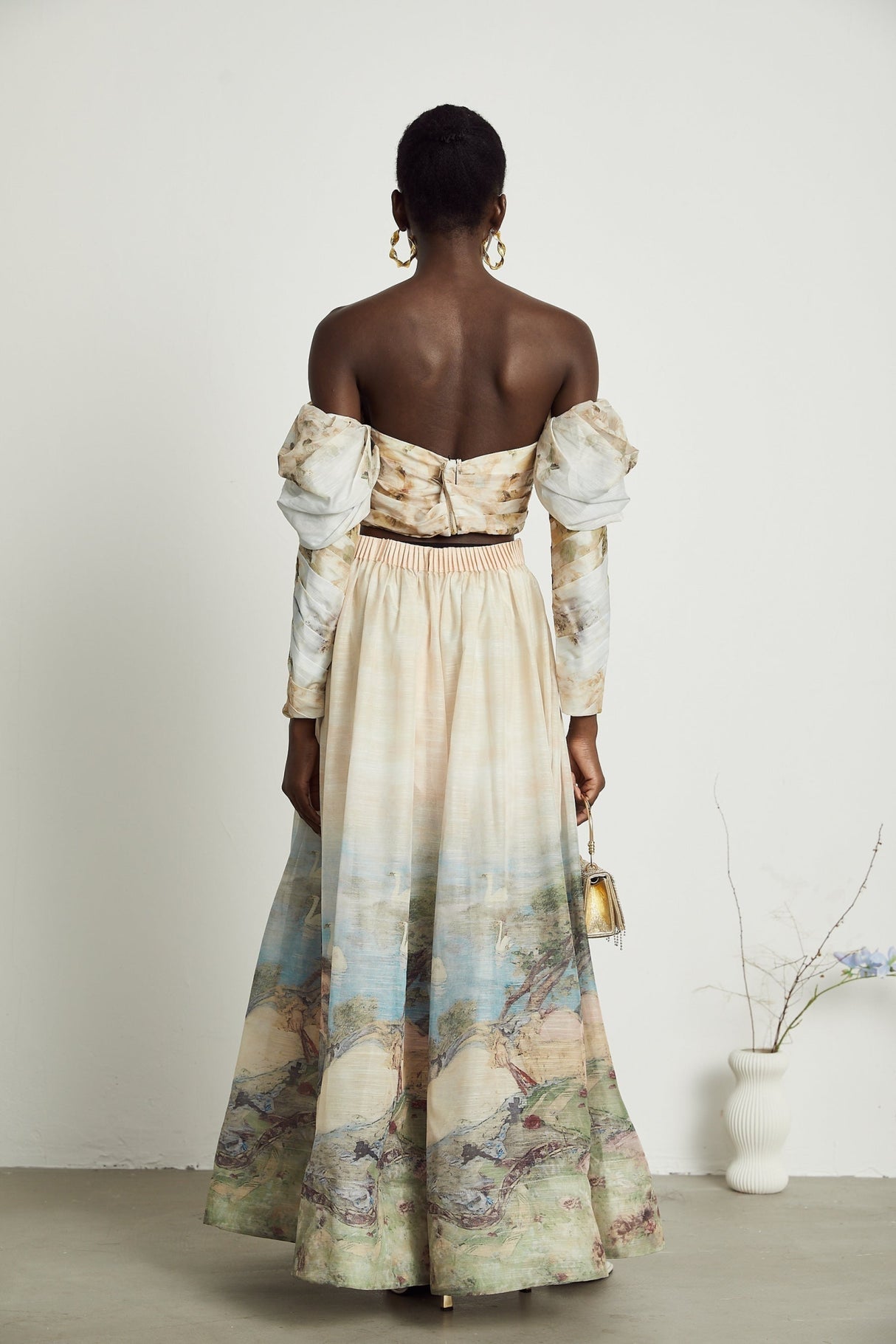 Sara Multicolor Neutrals Skirt & Top Set with Off - Shoulder Bustier Style