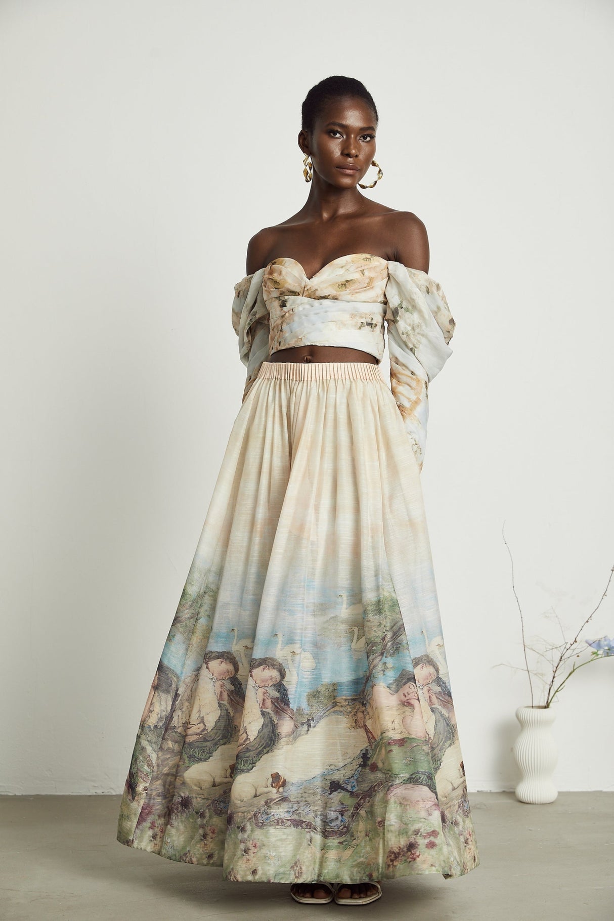 Sara Multicolor Neutrals Skirt & Top Set with Off - Shoulder Bustier Style