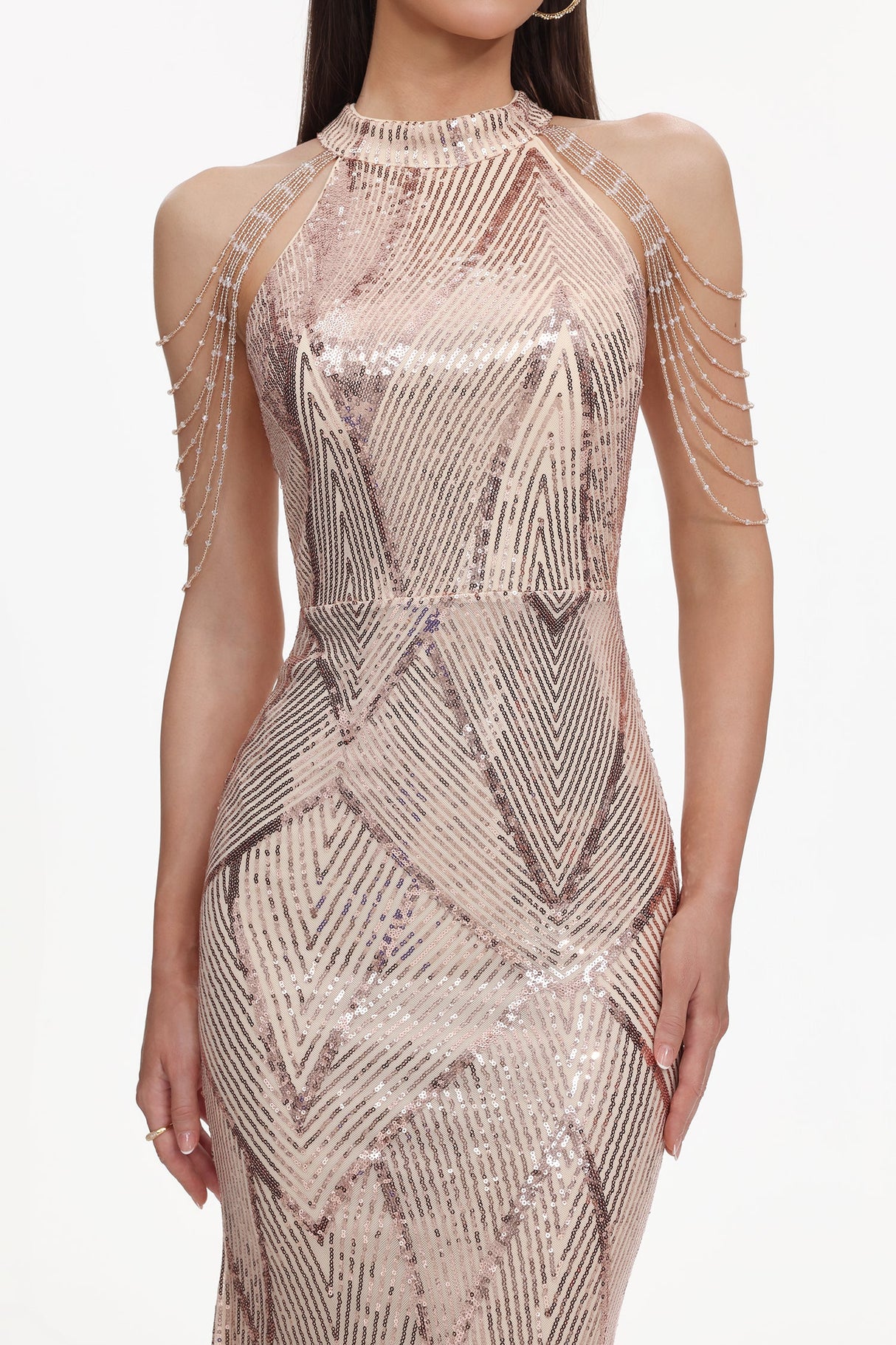 Sara Pink Sequin Maxi Dress with High Neckline and Cold-Shoulder Design