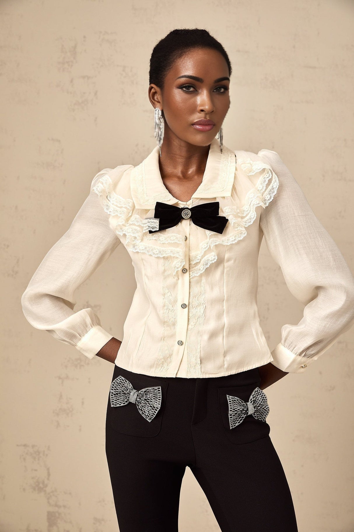 Sarah Shirt White & Black Lace Trimmed Bowknot Bow Crystal Top