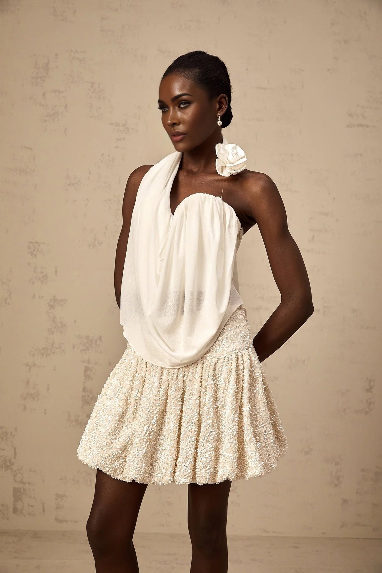 Sarah Top White Floral - Appliqu Halter - neck