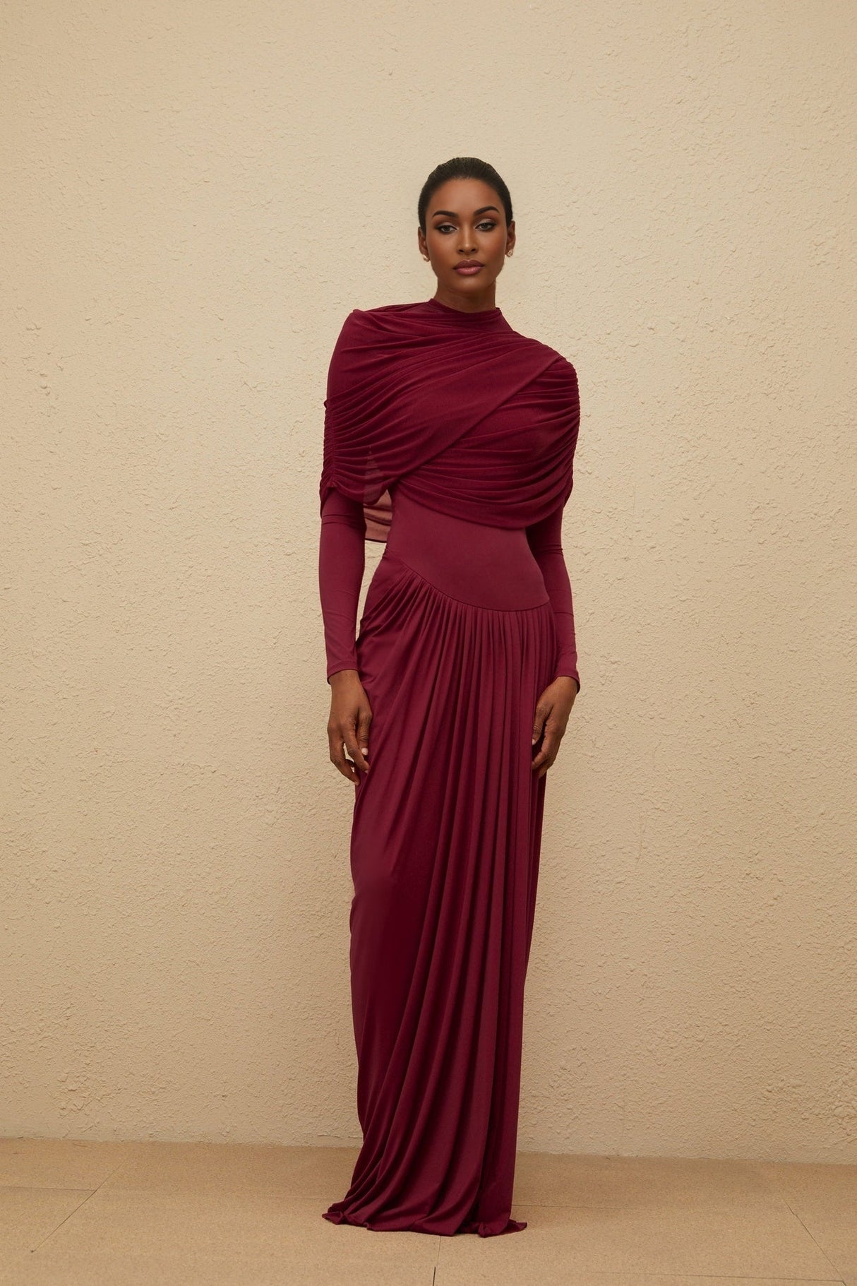 Sarai Maxi Dress - Red - Crew Neck - Long Sleeves - Mesh Shawl