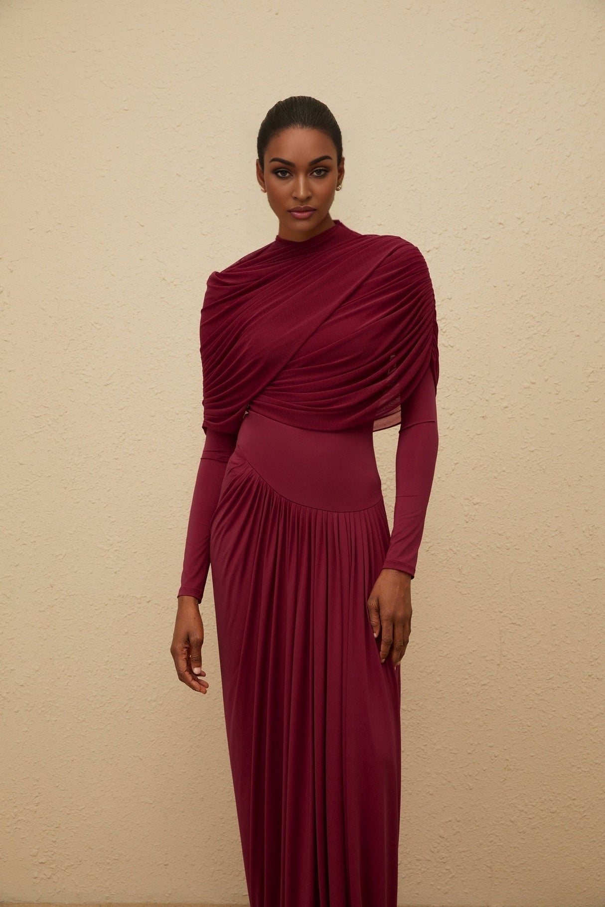 Sarai Maxi Dress - Red - Crew Neck - Long Sleeves - Mesh Shawl