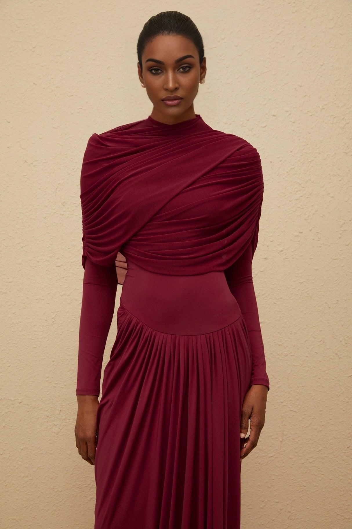 Sarai Maxi Dress - Red - Crew Neck - Long Sleeves - Mesh Shawl