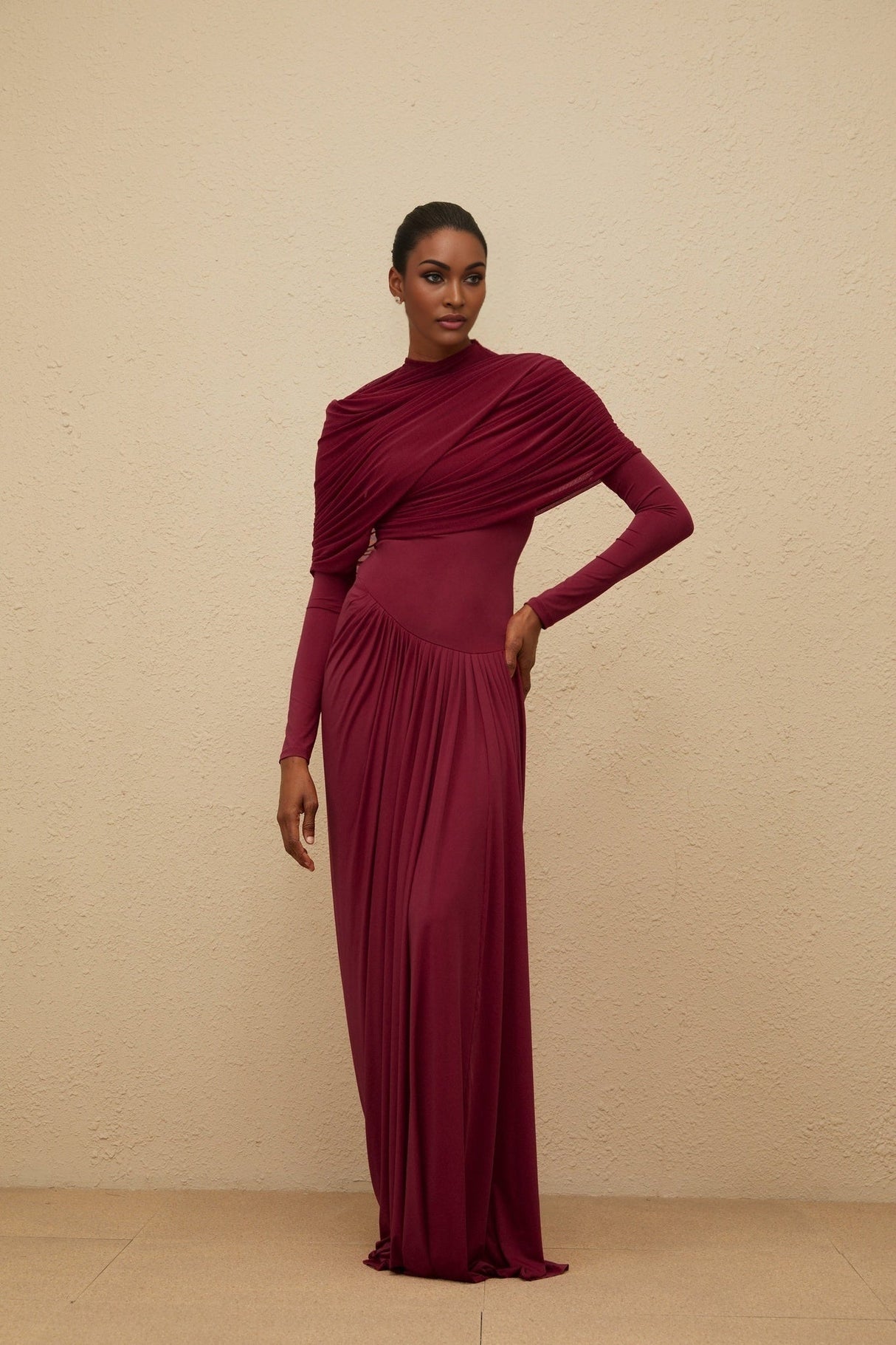 Sarai Maxi Dress - Red - Crew Neck - Long Sleeves - Mesh Shawl
