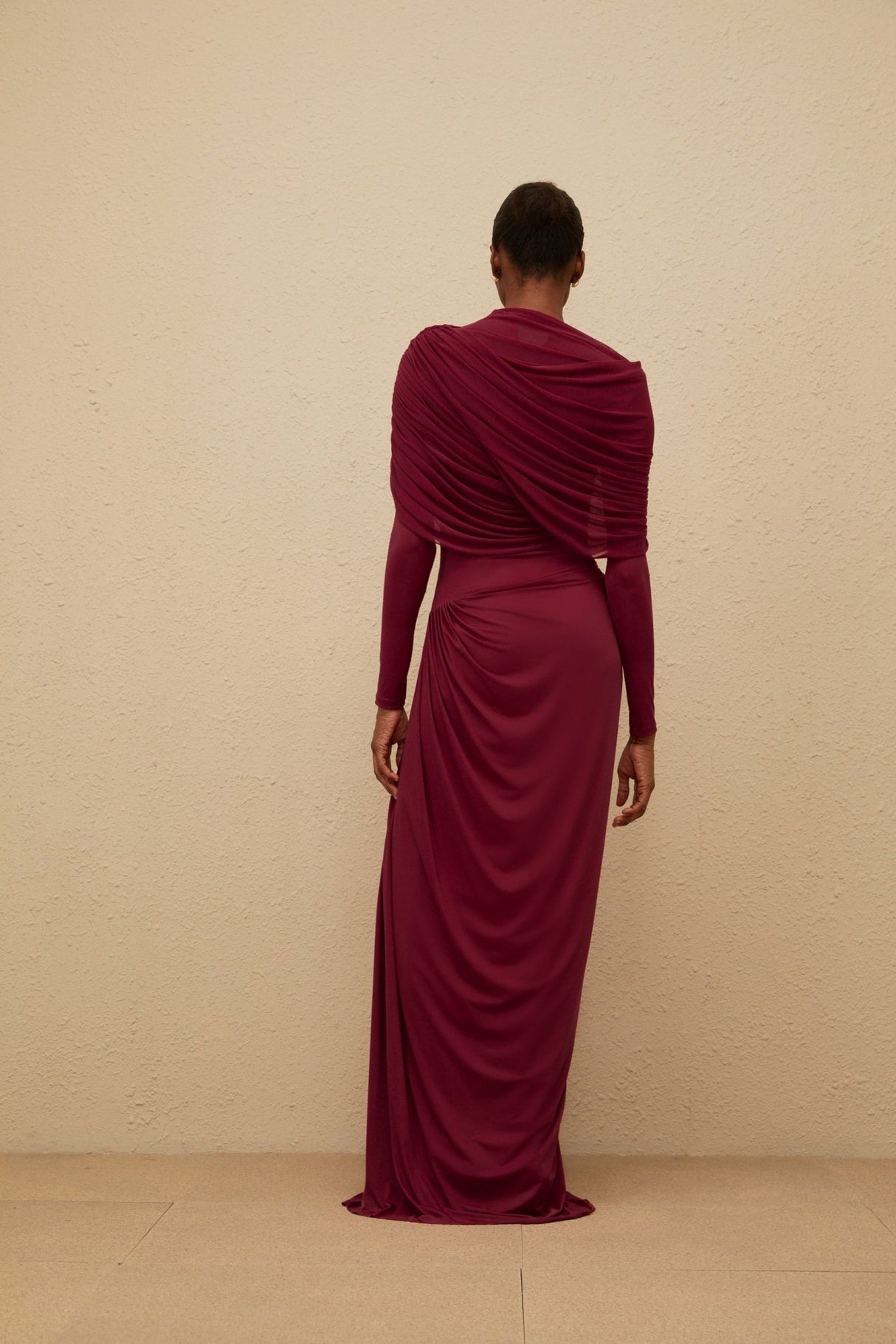 Sarai Maxi Dress - Red - Crew Neck - Long Sleeves - Mesh Shawl