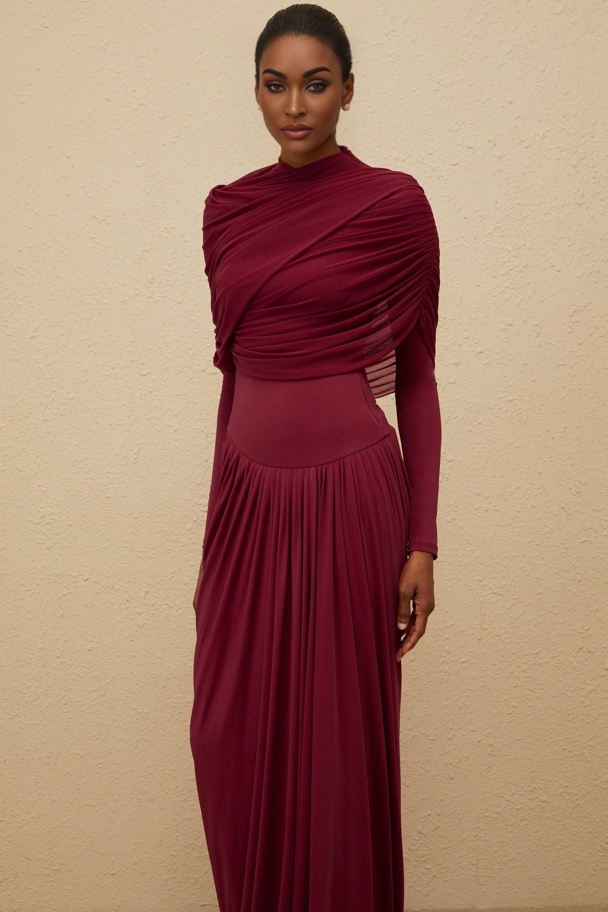 Sarai Maxi Dress - Red - Crew Neck - Long Sleeves - Mesh Shawl