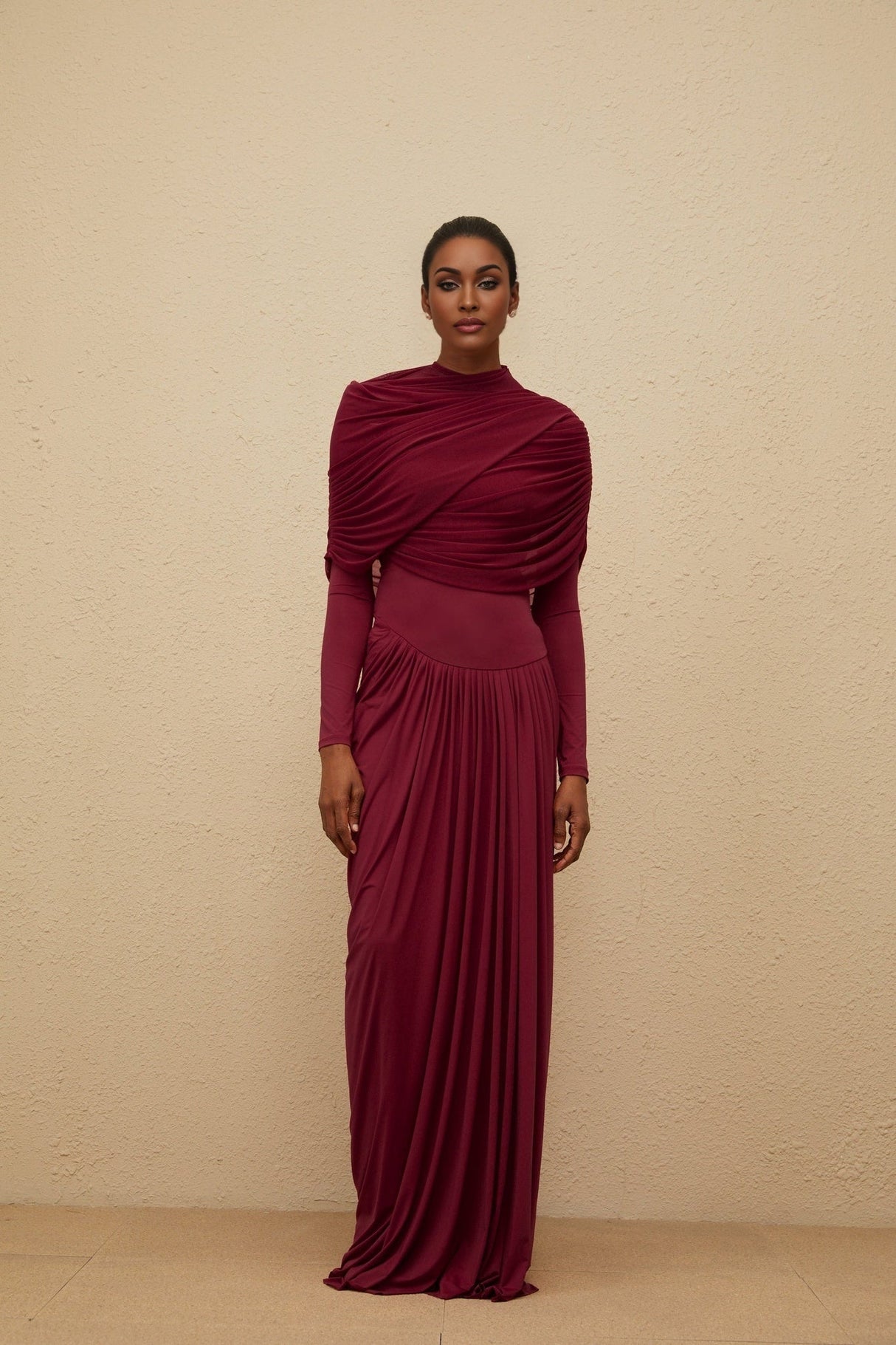 Sarai Maxi Dress - Red - Crew Neck - Long Sleeves - Mesh Shawl