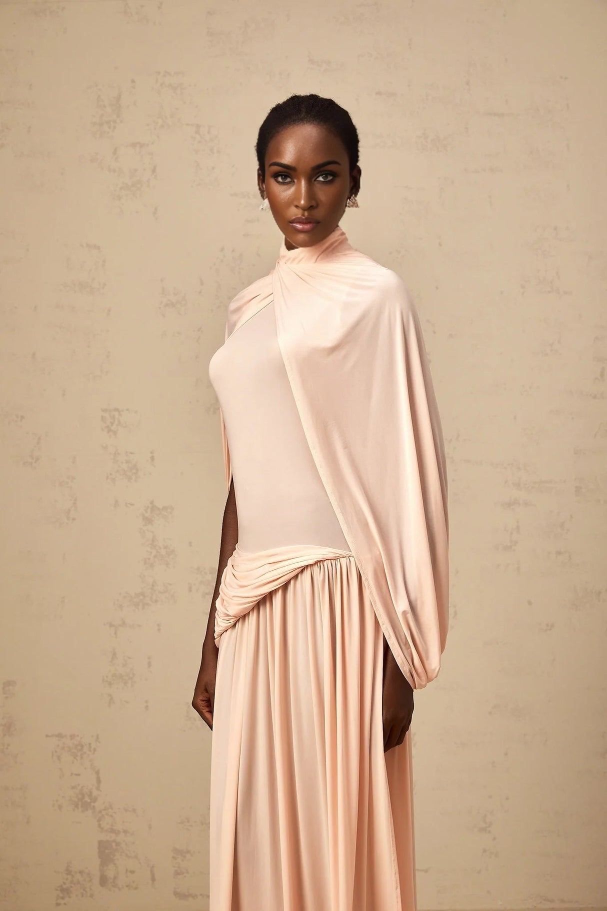Sarai Maxi Dress Shrimp Pink Cape Pleated & Asymmetrical