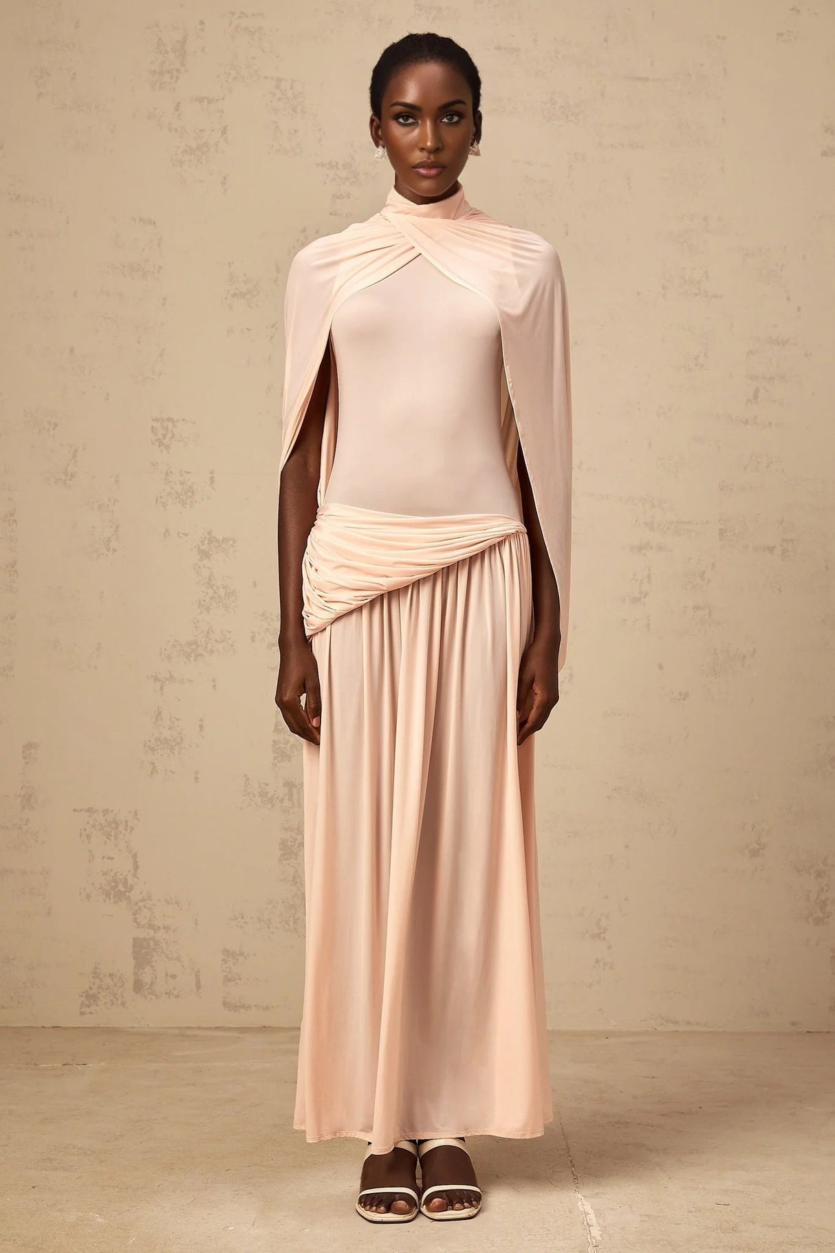 Sarai Maxi Dress Shrimp Pink Cape Pleated & Asymmetrical