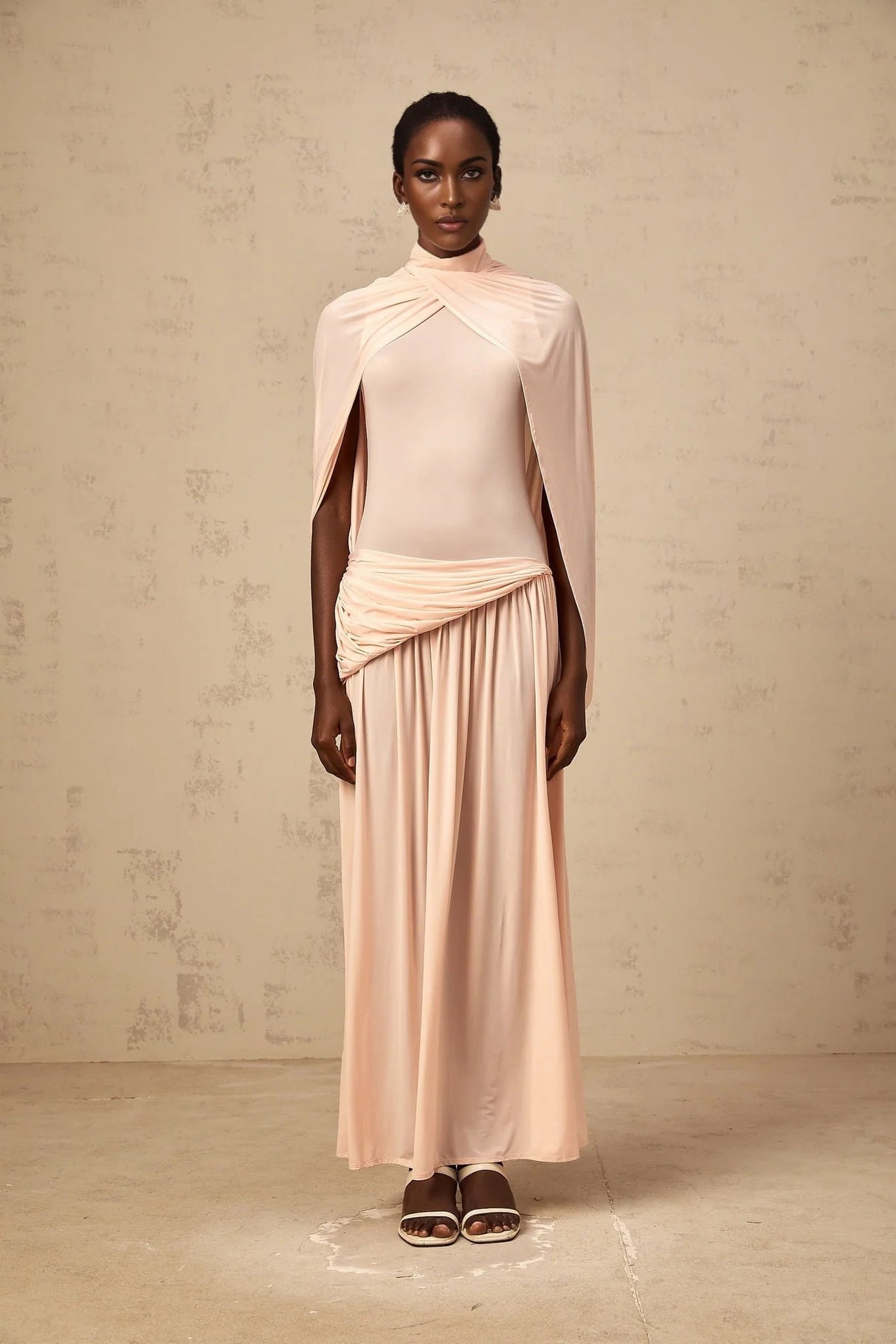 Sarai Maxi Dress Shrimp Pink Cape Pleated & Asymmetrical