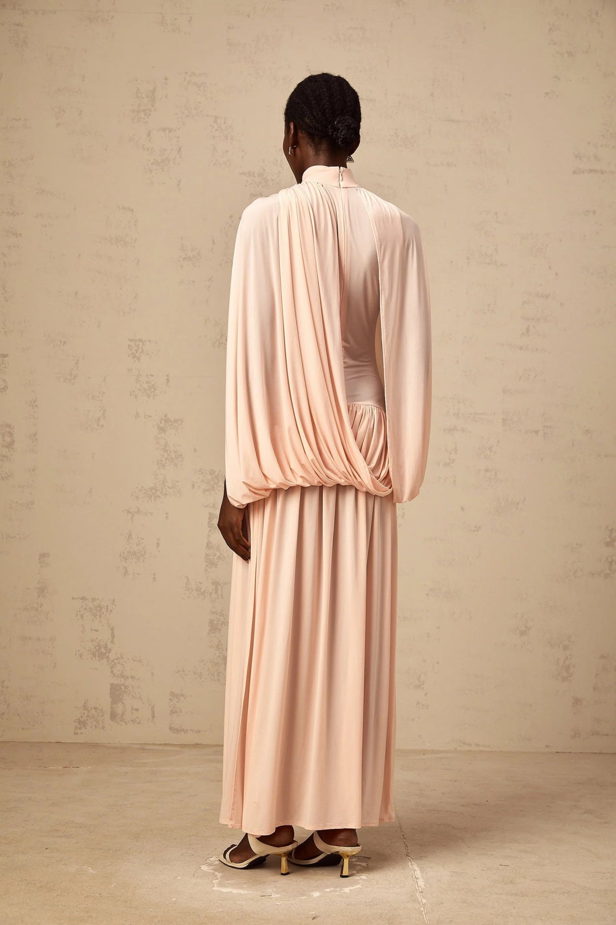 Sarai Maxi Dress Shrimp Pink Cape Pleated & Asymmetrical
