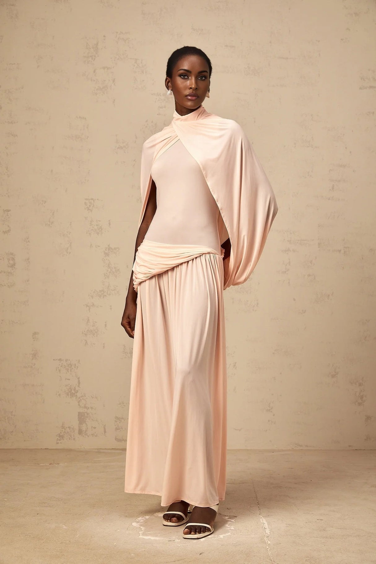 Sarai Maxi Dress Shrimp Pink Cape Pleated & Asymmetrical