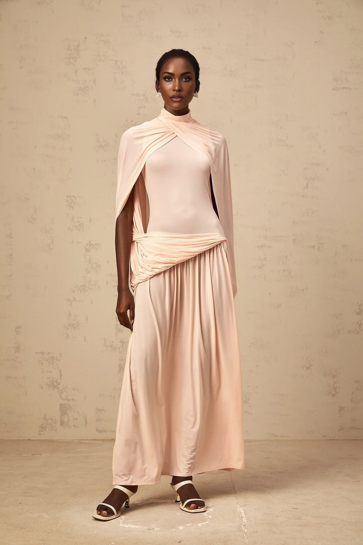 Sarai Maxi Dress Shrimp Pink Cape Pleated & Asymmetrical