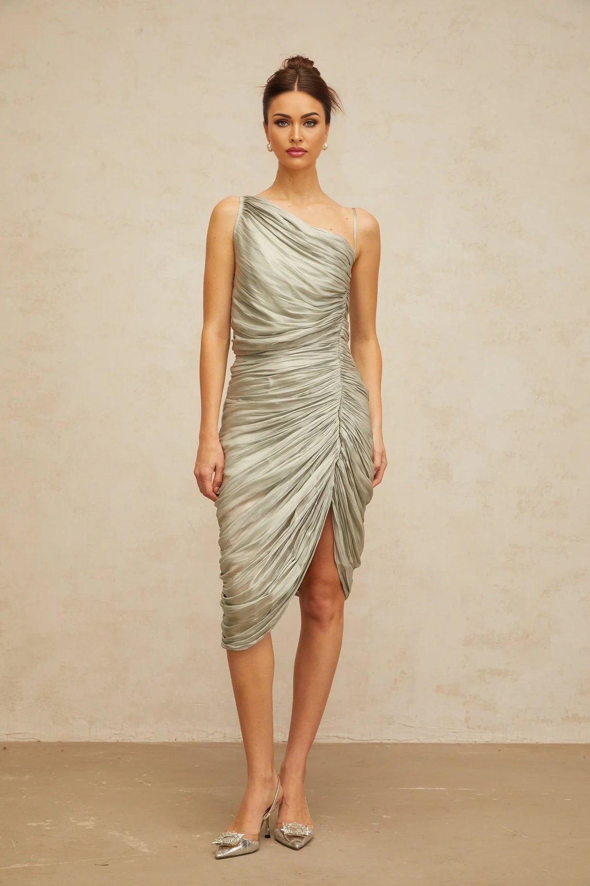 Sarai Midi Dress Grayish - Green Glossy Ruched & Asymmetrical Hem