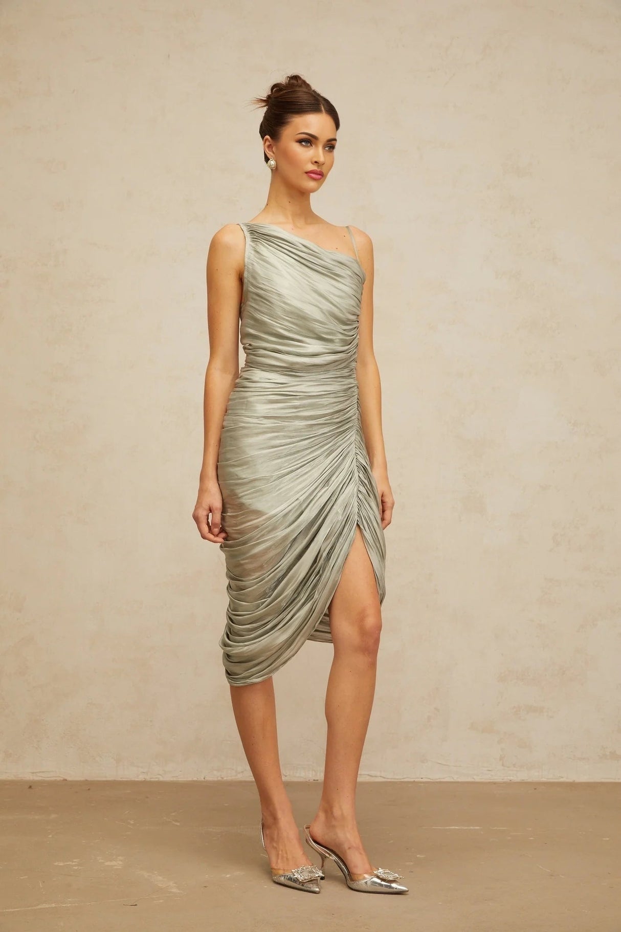 Sarai Midi Dress Grayish - Green Glossy Ruched & Asymmetrical Hem