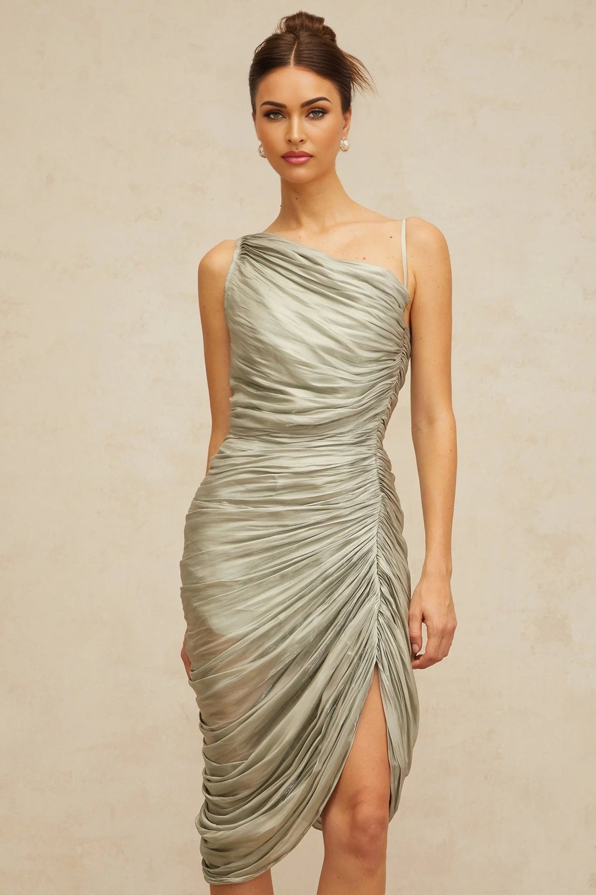 Sarai Midi Dress Grayish - Green Glossy Ruched & Asymmetrical Hem