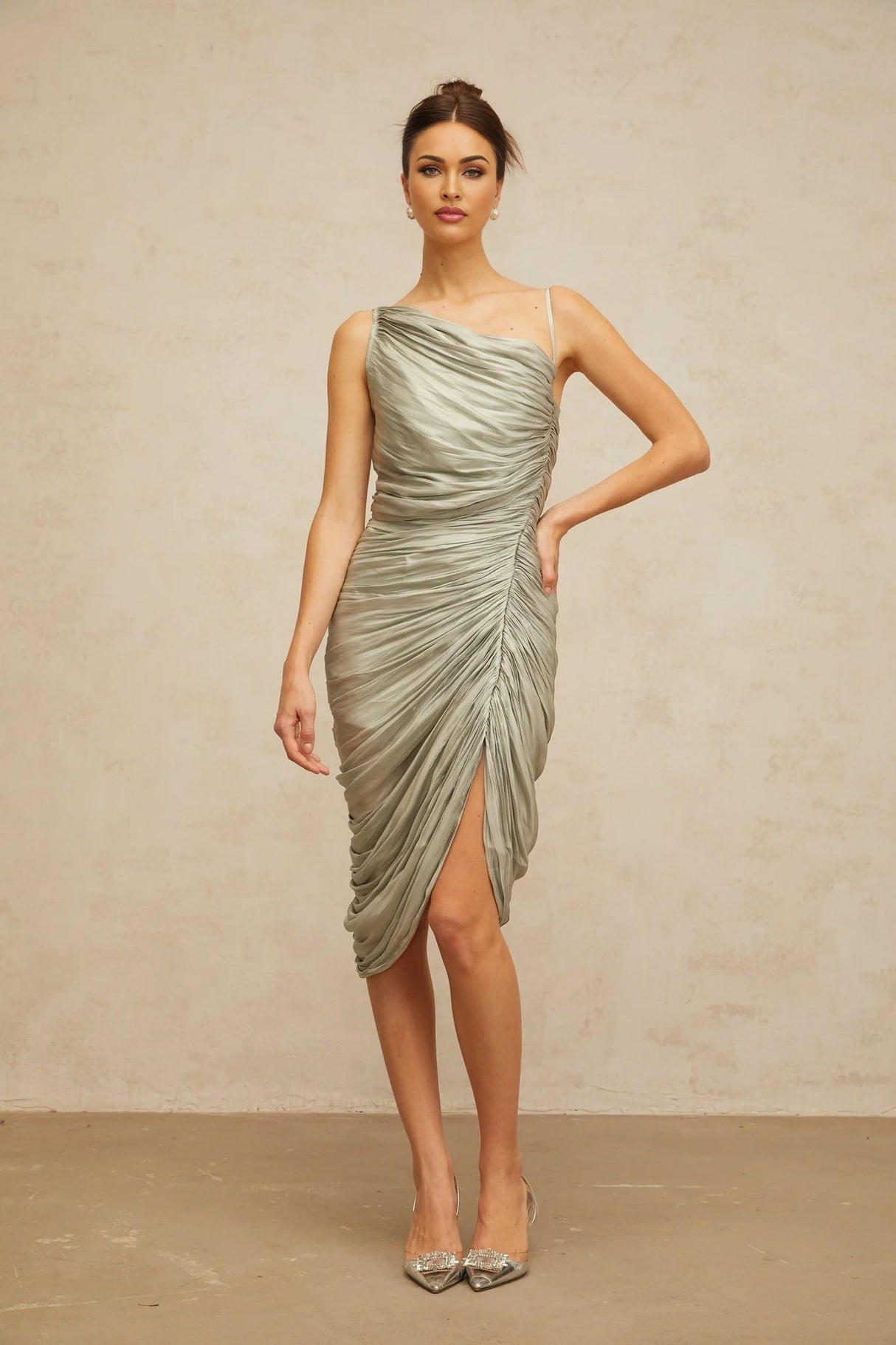 Sarai Midi Dress Grayish - Green Glossy Ruched & Asymmetrical Hem