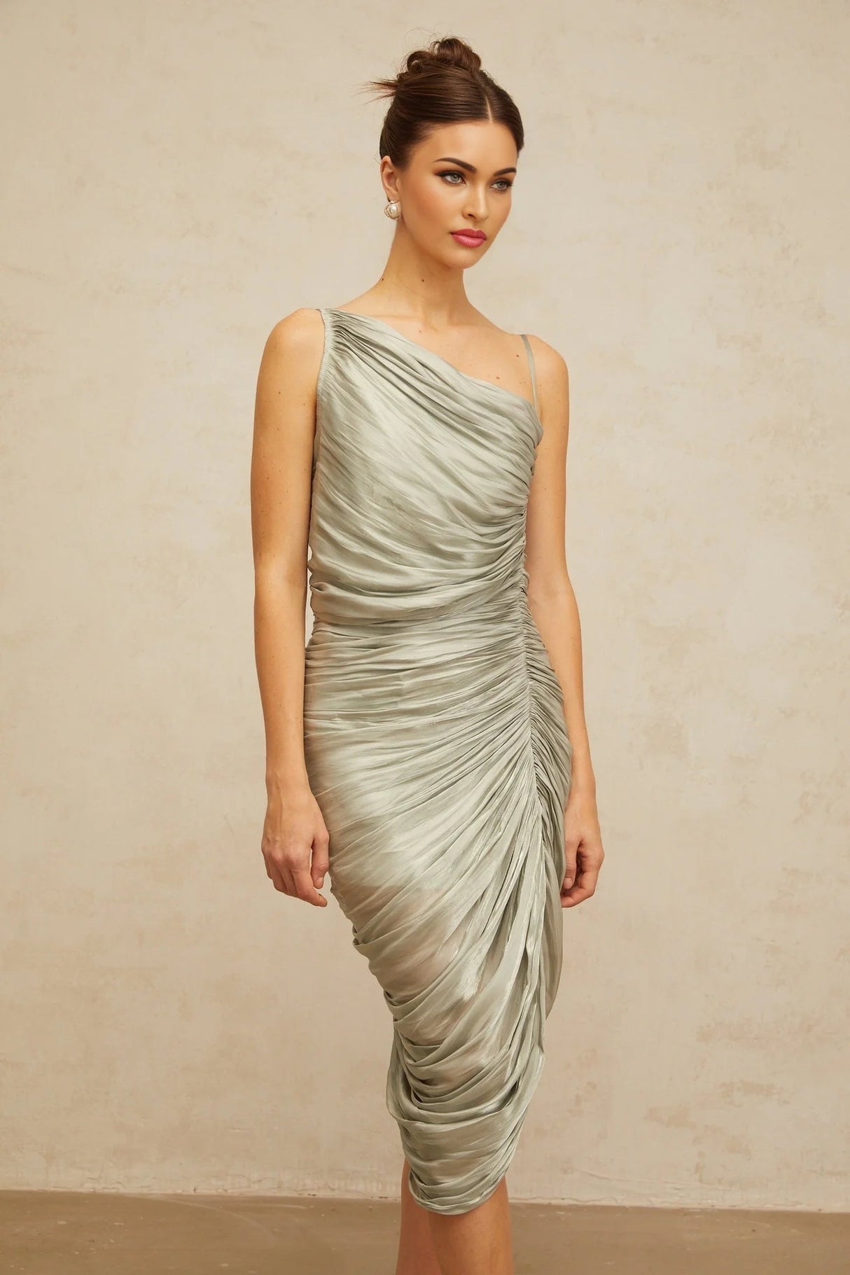 Sarai Midi Dress Grayish - Green Glossy Ruched & Asymmetrical Hem