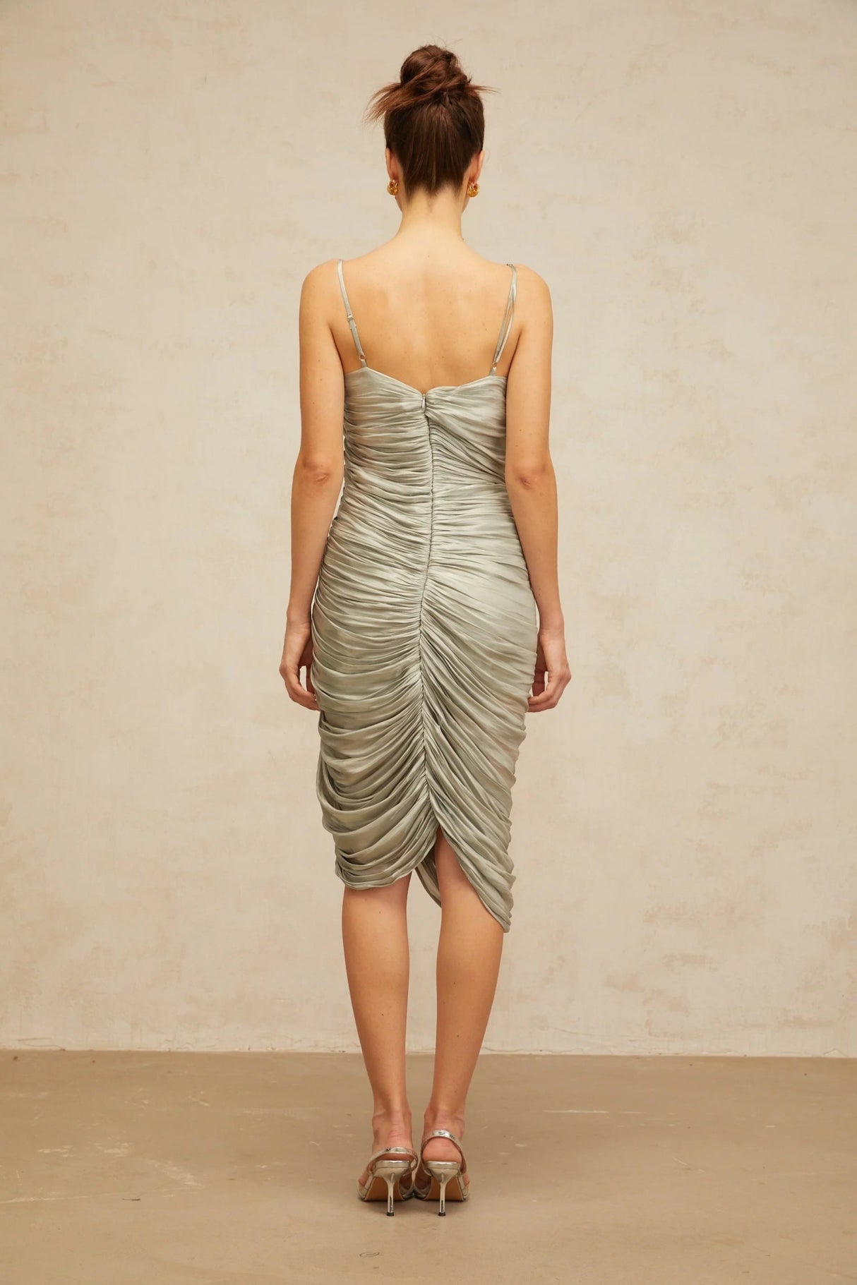 Sarai Midi Dress Grayish - Green Glossy Ruched & Asymmetrical Hem