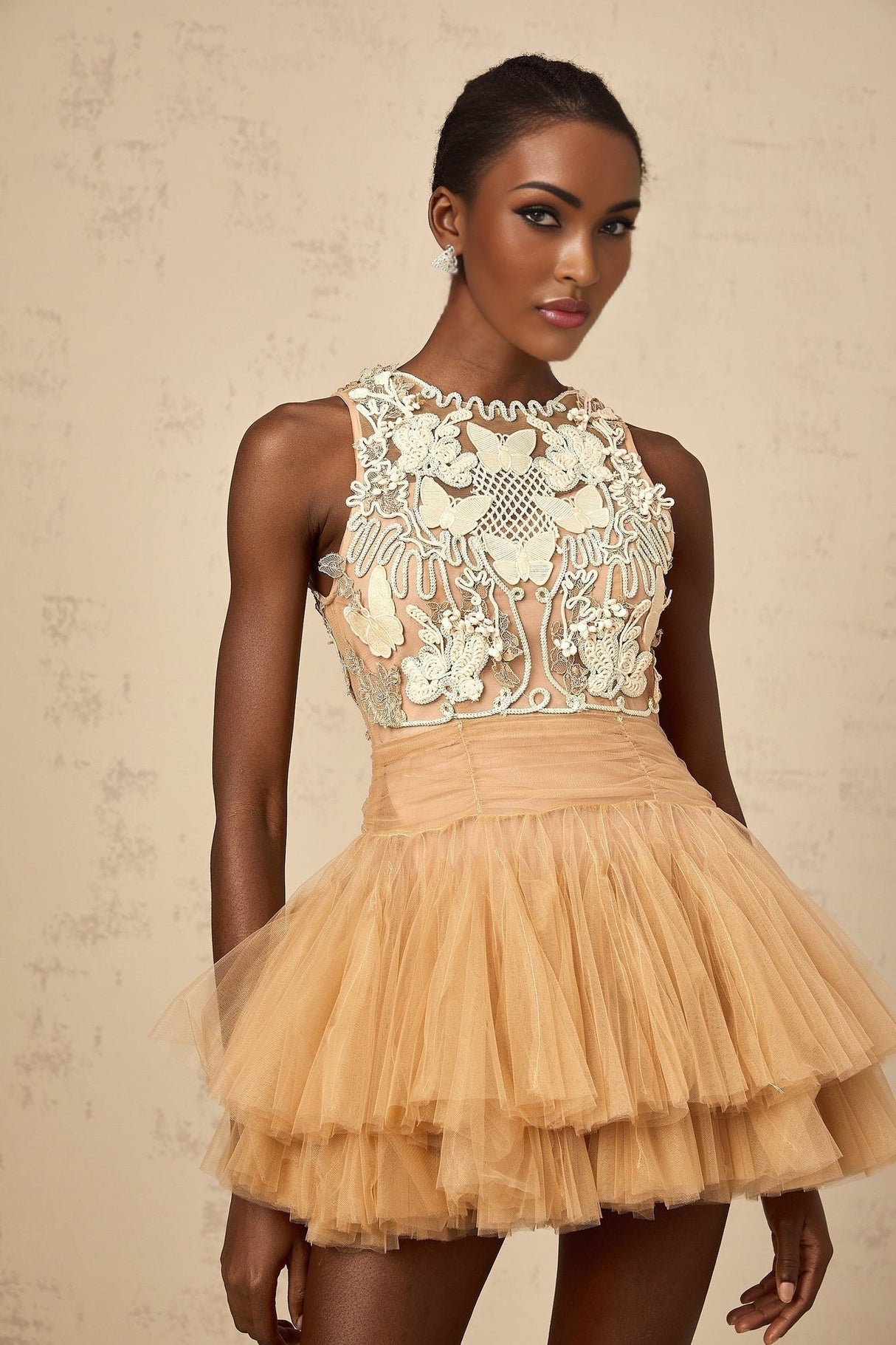 Sarai Mini Dress Sarai Tiered Crystal Lace White Khaki Dress