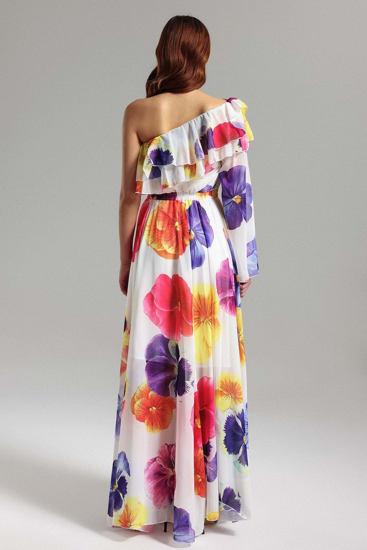 Sarai White Floral Maxi Dress with One Shoulder and Ruffled Neckline