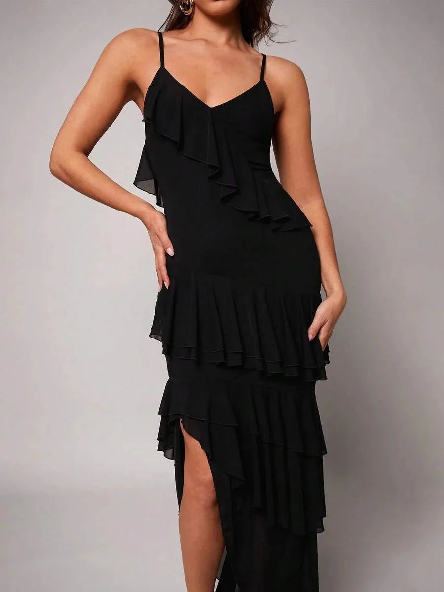 Savanna Maxi Dress - Refined Style - Slim Fit - Sleeveless - High Waist - Asymmetrical, Backless, Ruffle - Medium Stretch - Knitted Fabric