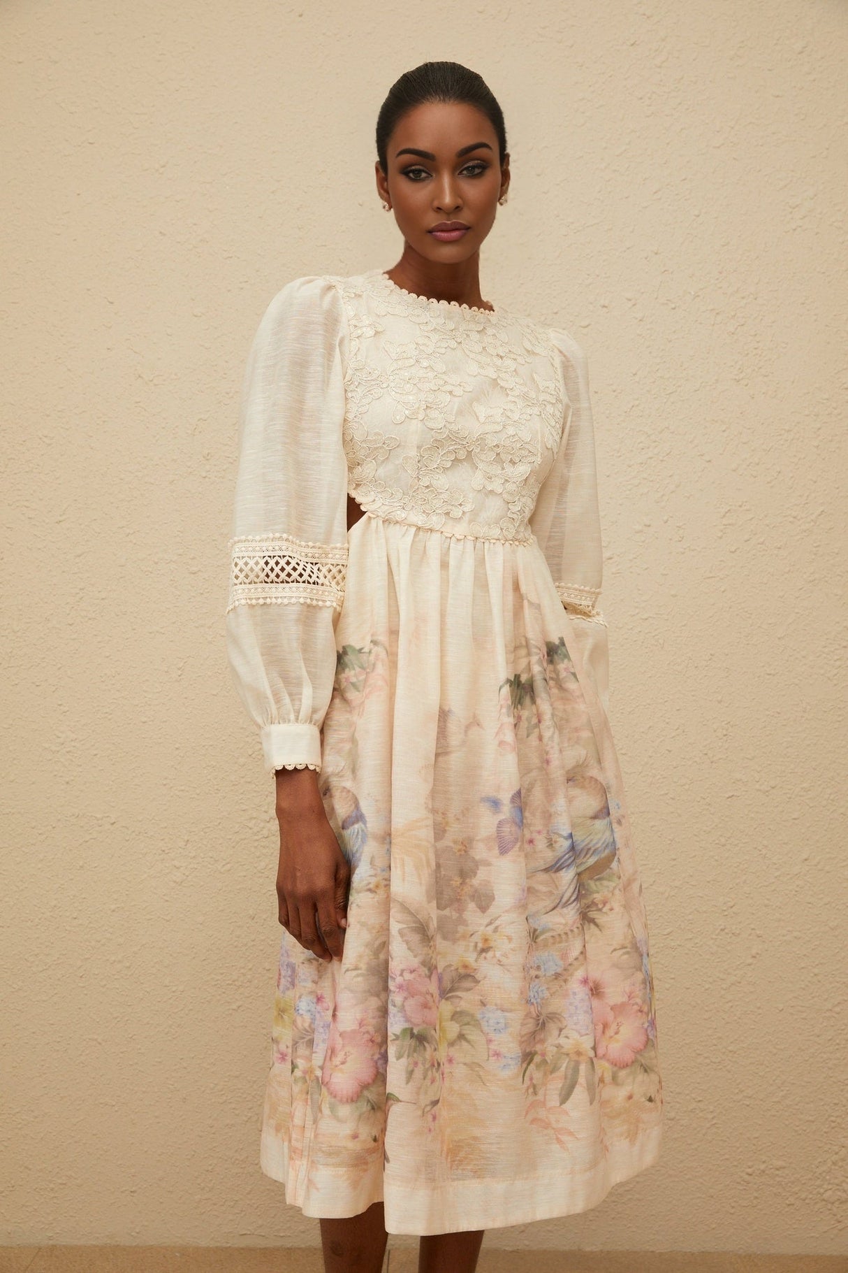Savanna Midi Dress - Floral Print - Embroidered Detailing - Cut - Out Design - Sequin Accents - Cinched Waist