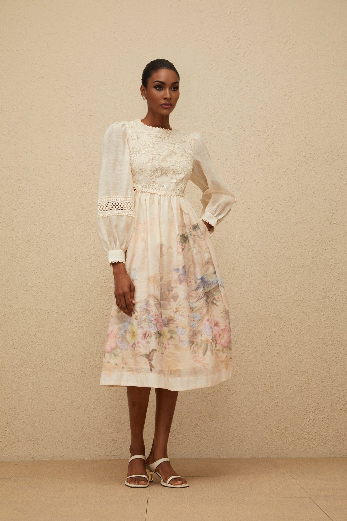 Savanna Midi Dress - Floral Print - Embroidered Detailing - Cut - Out Design - Sequin Accents - Cinched Waist