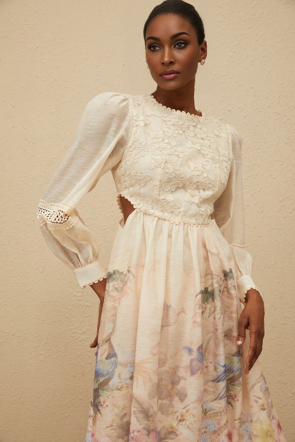 Savanna Midi Dress - Floral Print - Embroidered Detailing - Cut - Out Design - Sequin Accents - Cinched Waist