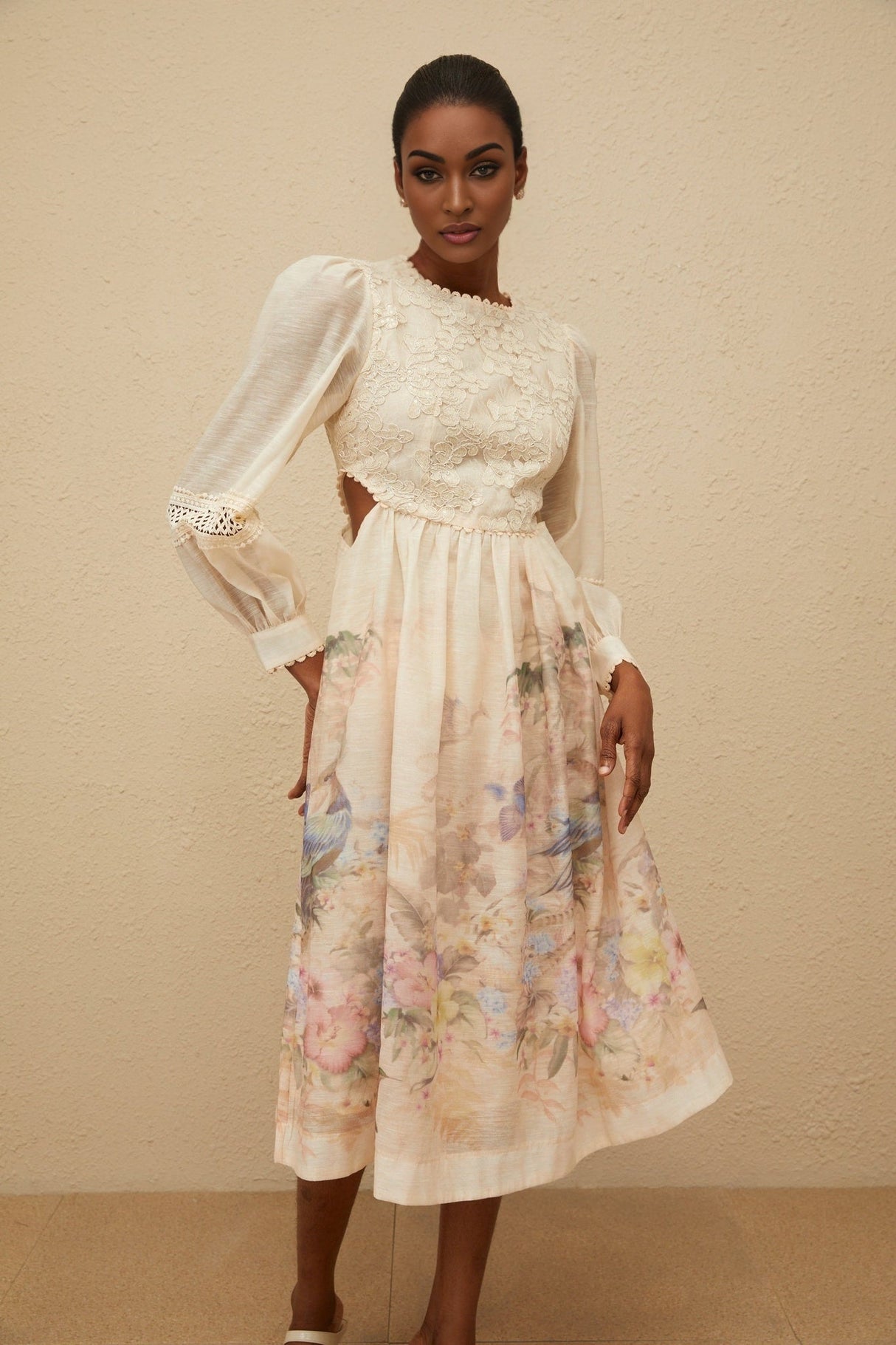 Savanna Midi Dress - Floral Print - Embroidered Detailing - Cut - Out Design - Sequin Accents - Cinched Waist