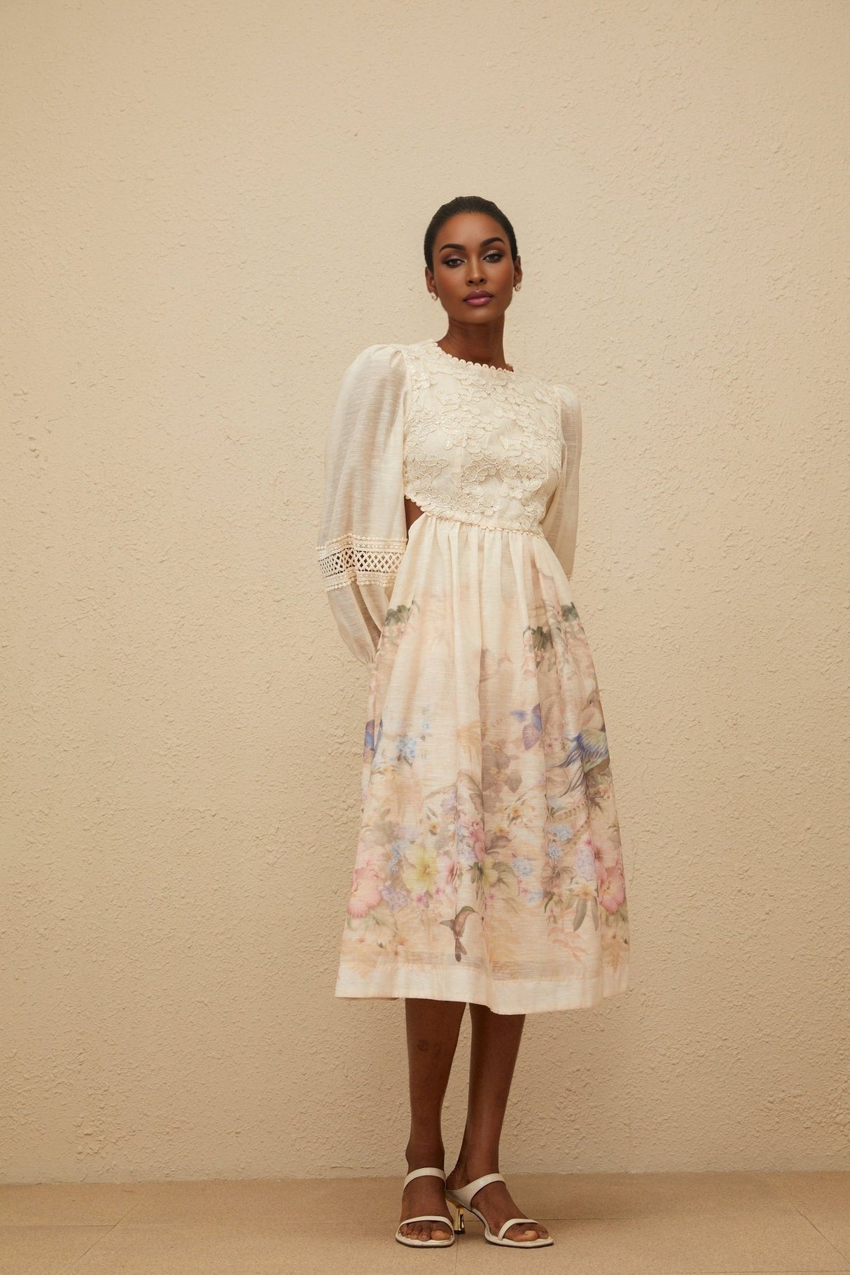 Savanna Midi Dress - Floral Print - Embroidered Detailing - Cut - Out Design - Sequin Accents - Cinched Waist