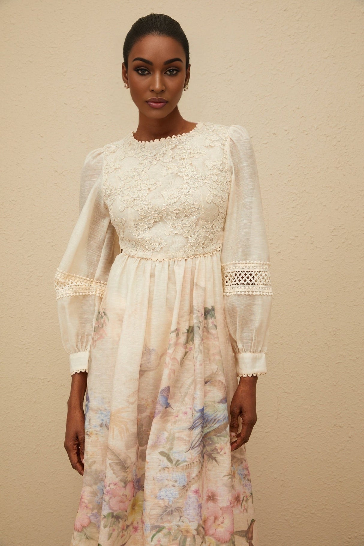 Savanna Midi Dress - Floral Print - Embroidered Detailing - Cut - Out Design - Sequin Accents - Cinched Waist