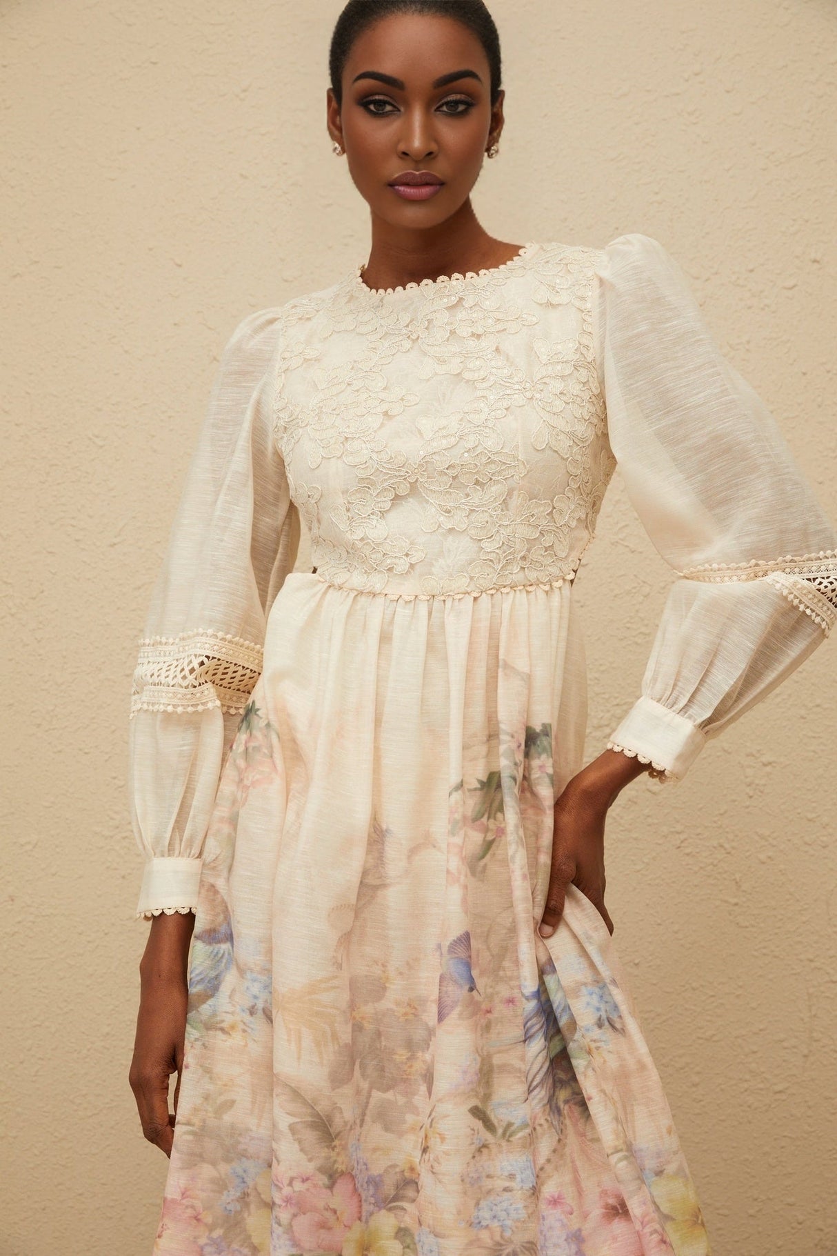 Savanna Midi Dress - Floral Print - Embroidered Detailing - Cut - Out Design - Sequin Accents - Cinched Waist