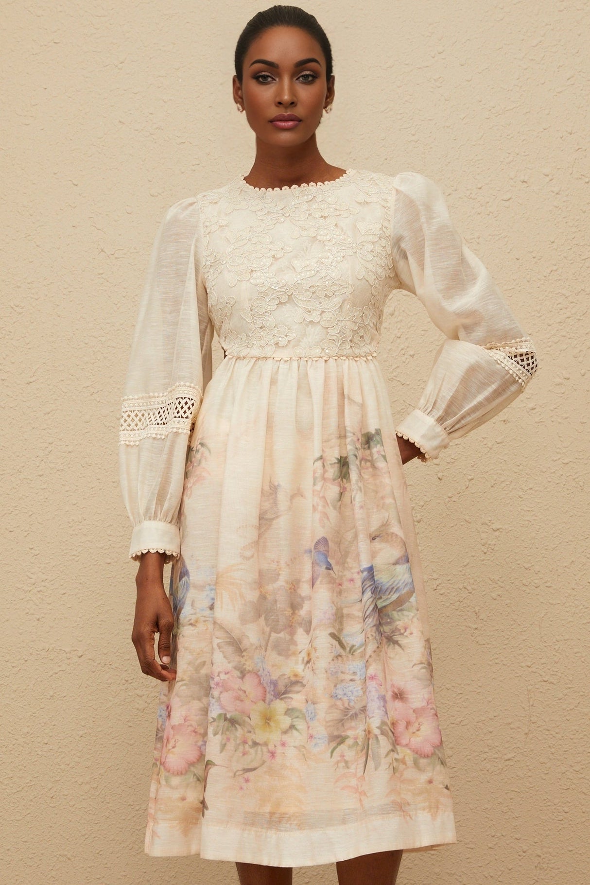Savanna Midi Dress - Floral Print - Embroidered Detailing - Cut - Out Design - Sequin Accents - Cinched Waist
