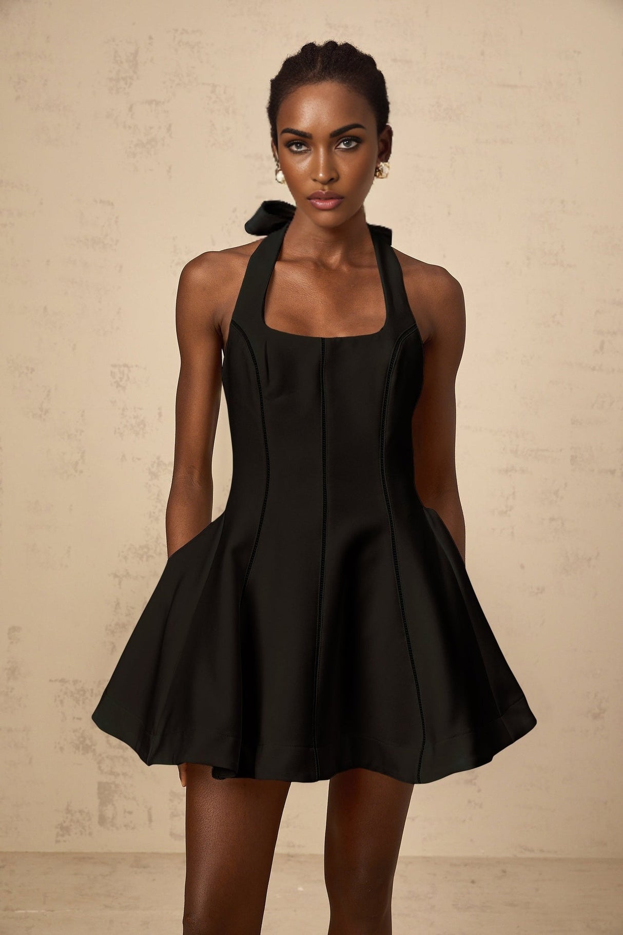 Savanna Mini Dress Black Halterneck Bow Flare