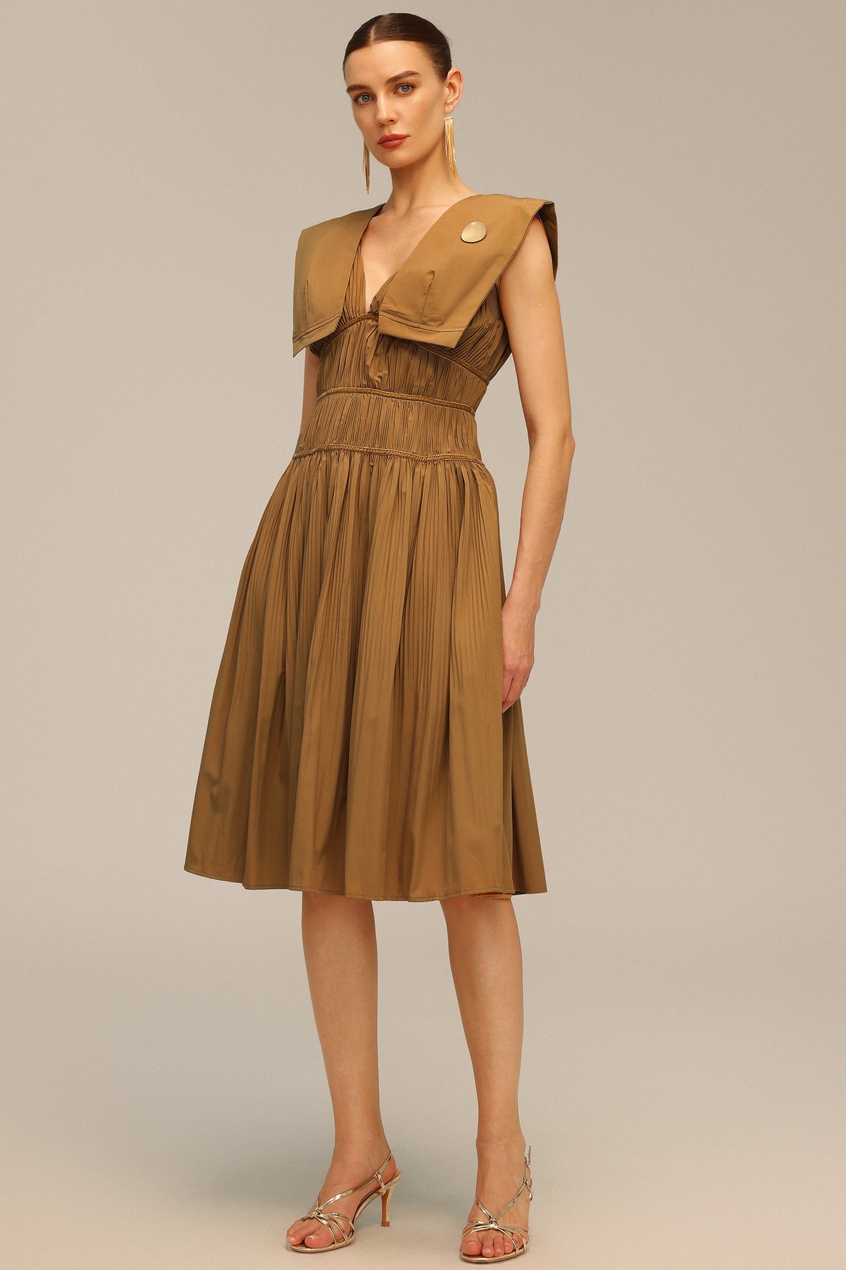 Savannah Brown Midi Dress V-Neckline Waist Detailing Elegant Silhouette High-Quality Fabric Comfortable Fit Feel Formal Casual Events Garden Party Wedding Day Out