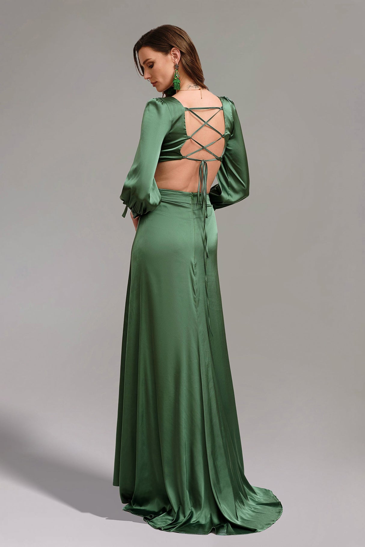 Savannah Green V Neck Long Sleeve High Slit Dress