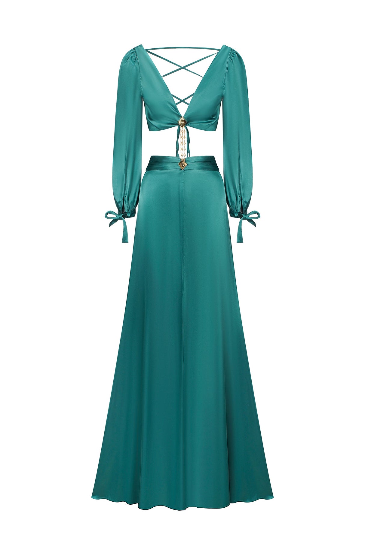 Savannah Green Long Sleeve V Neck Dress with High Slit and Waist Tie