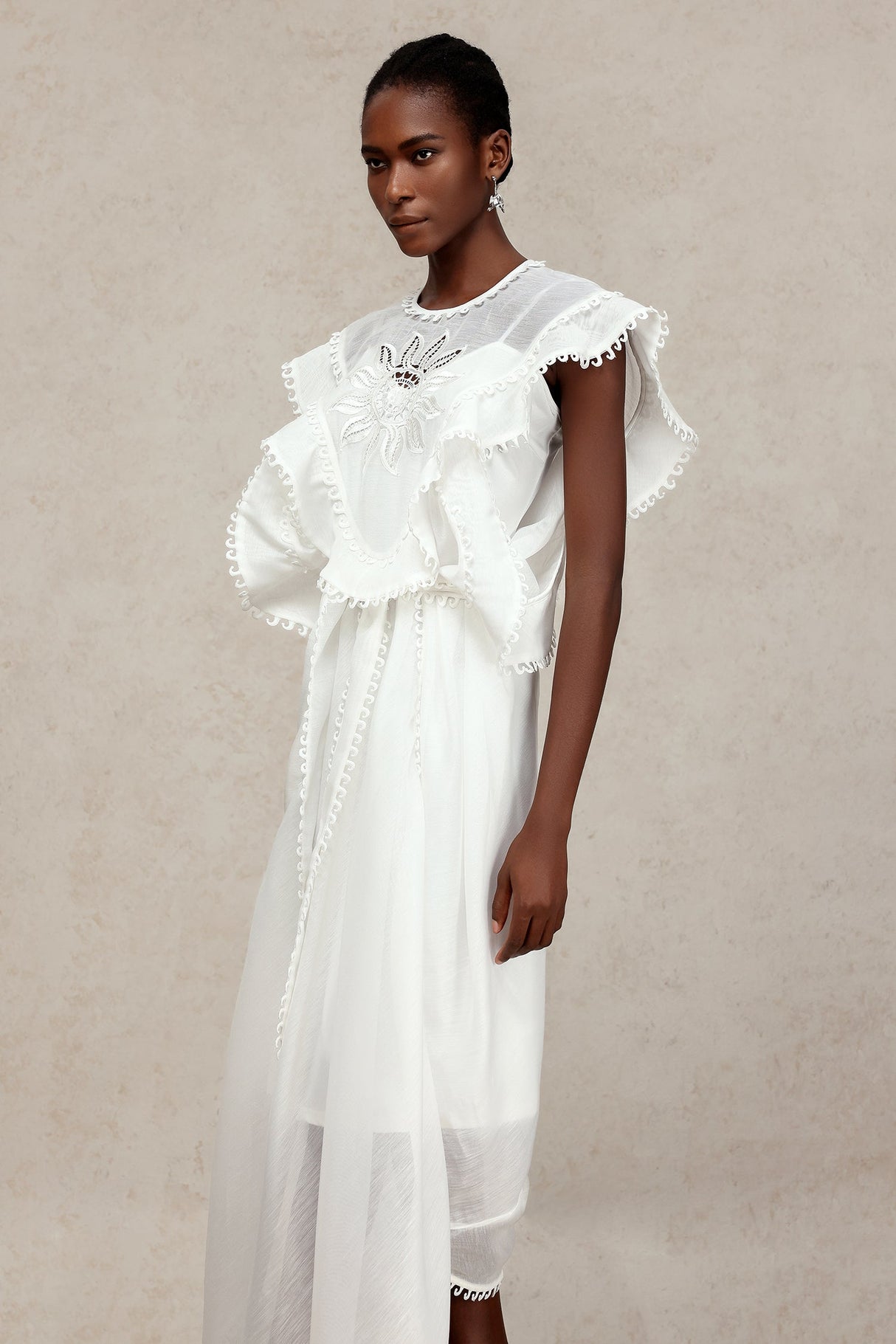 Savannah White Lace Maxi Dress Ruffled Sleeves Sash Belt Lightweight Fabric Summer Beach Wedding