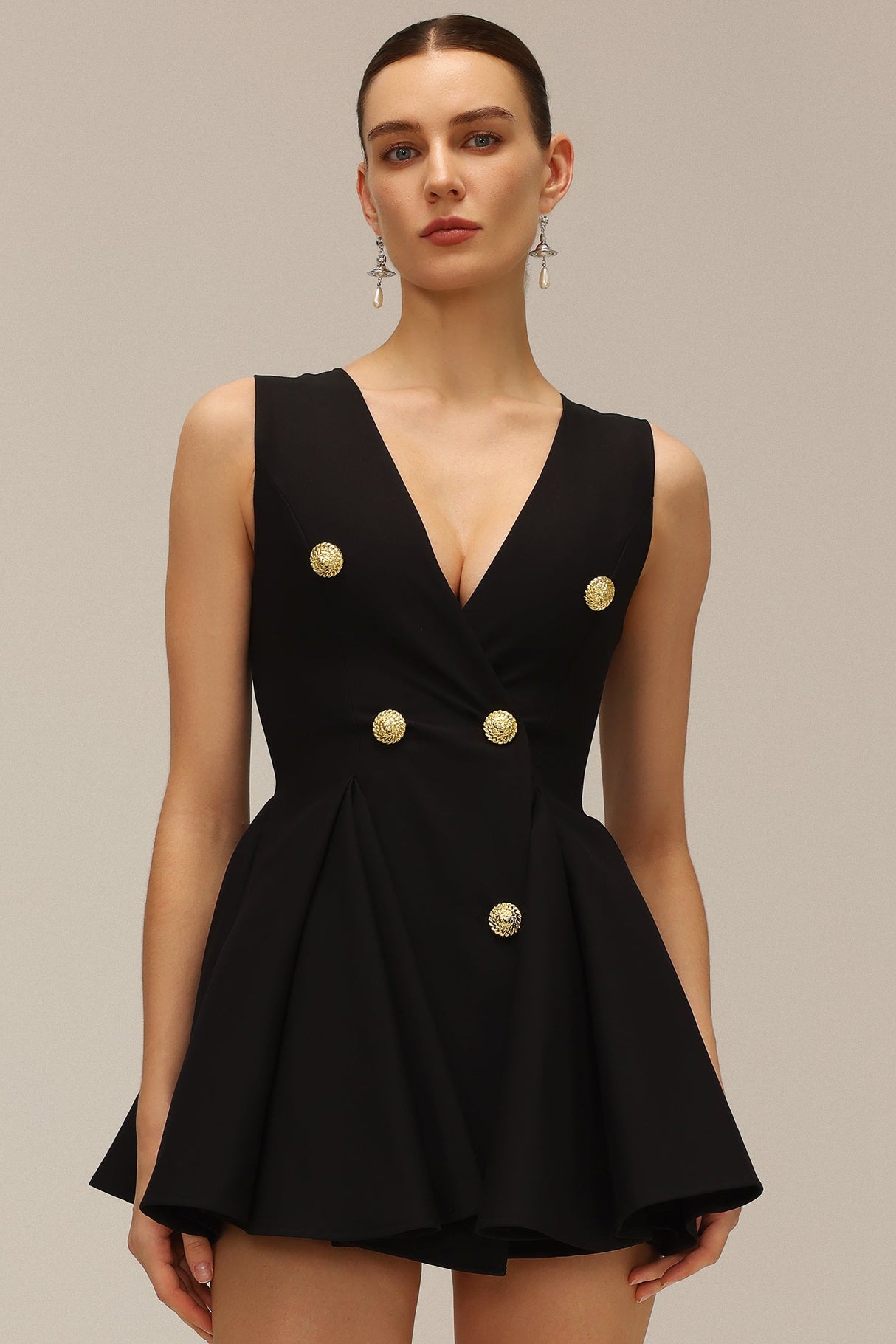 Savina Black Fit and Flare Dress with Dramatic Neckline and Button Detailing