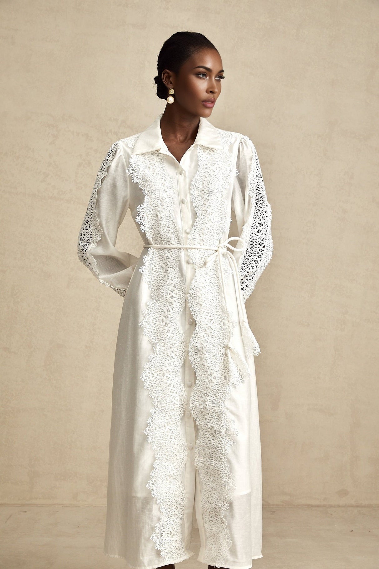 Savina Midi Dress White Lace Tied Waist Slit & Buttons