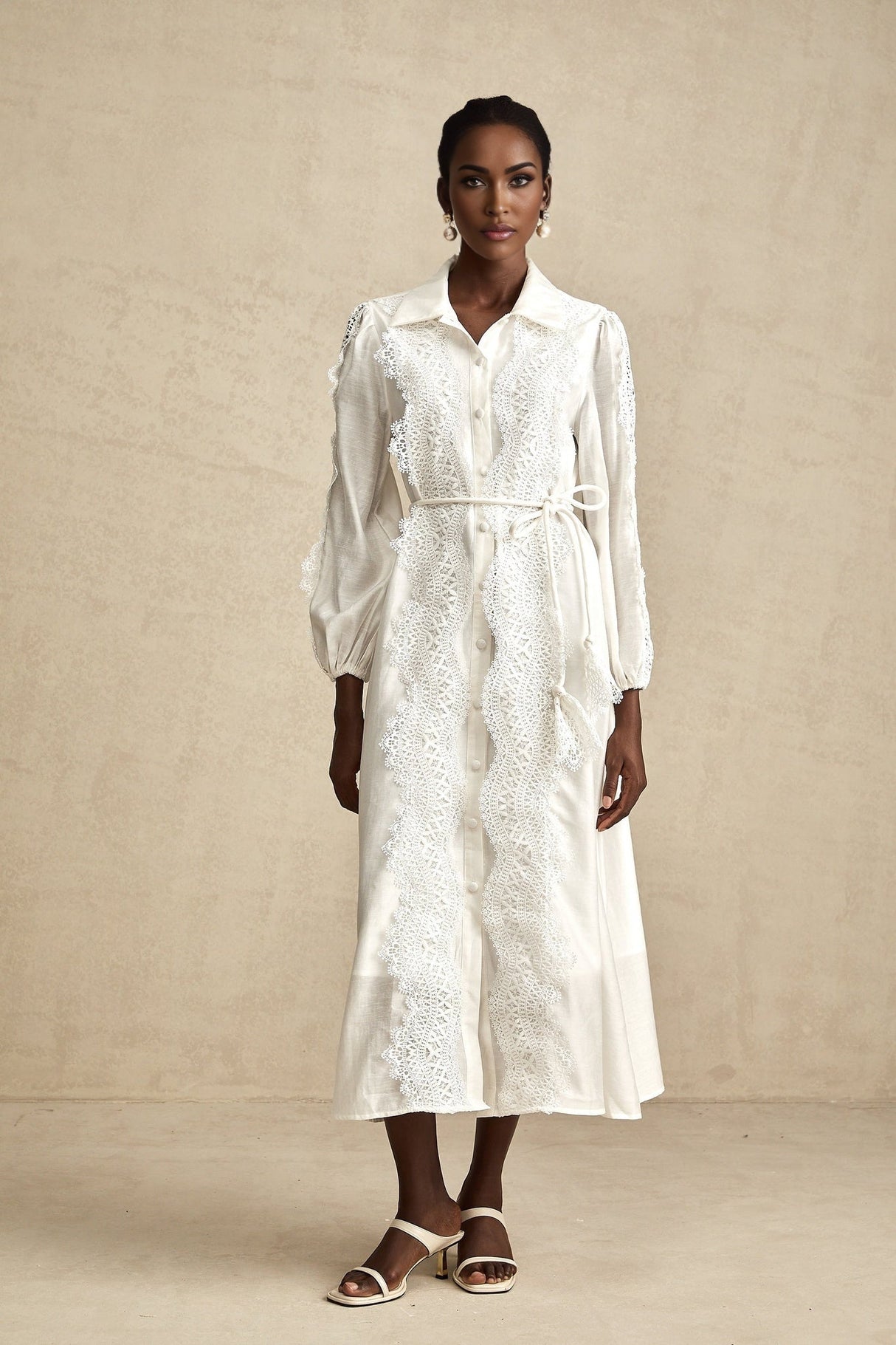 Savina Midi Dress White Lace Tied Waist Slit & Buttons
