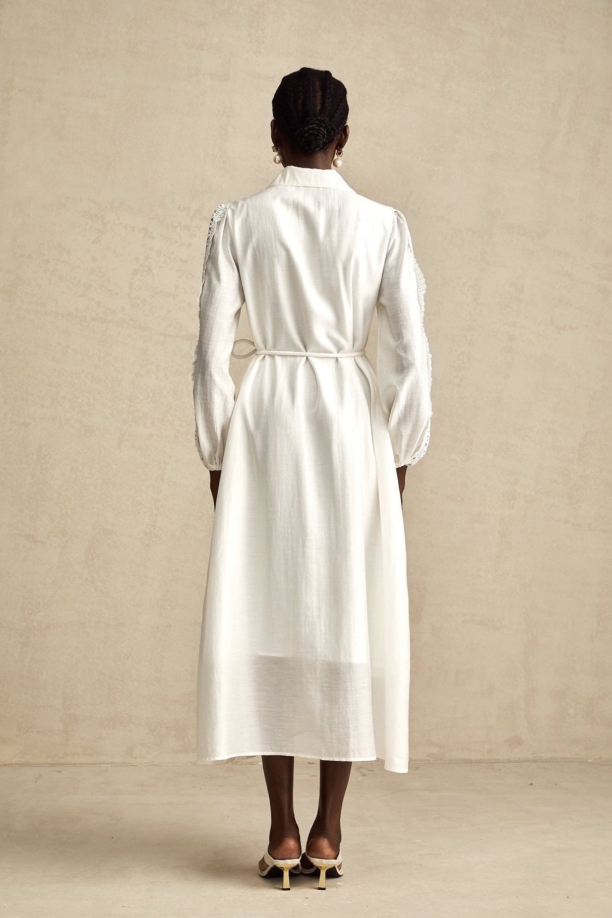 Savina Midi Dress White Lace Tied Waist Slit & Buttons