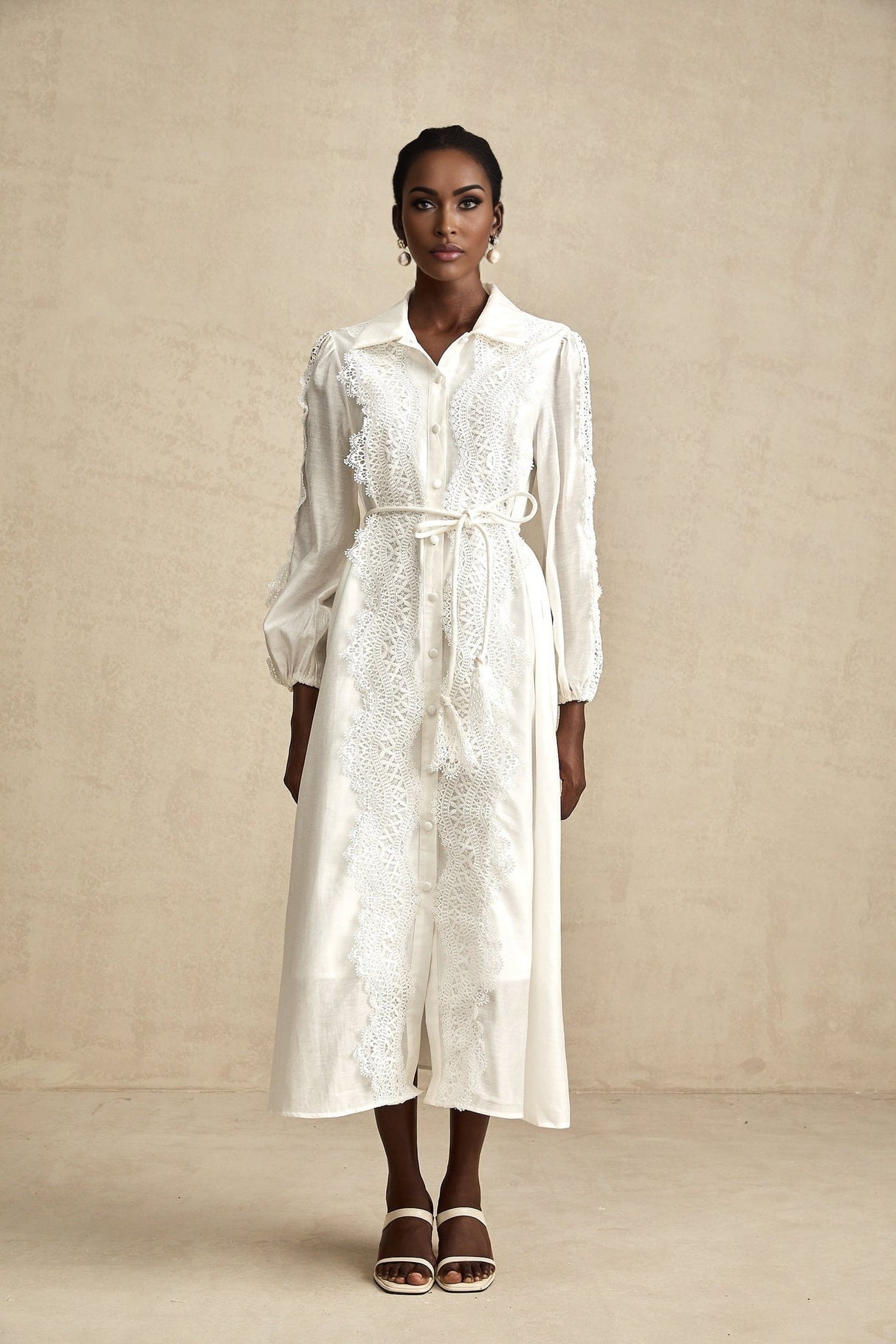 Savina Midi Dress White Lace Tied Waist Slit & Buttons