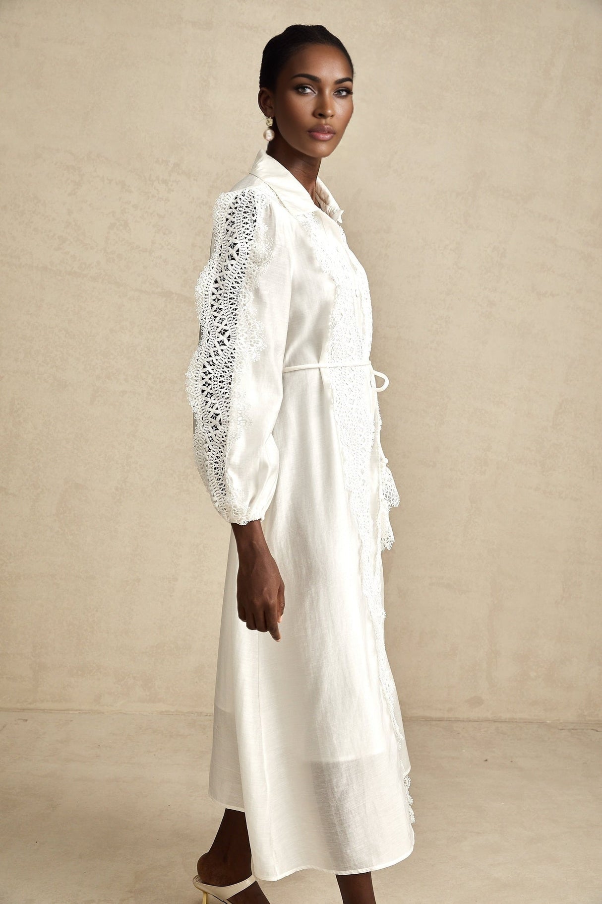 Savina Midi Dress White Lace Tied Waist Slit & Buttons